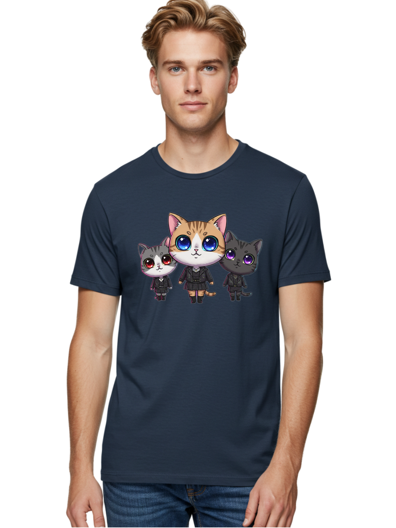 Three-Cats Men'S Graphic Tee, 100% Cotton, Comfortable Casual Summer Wear, Machine Washable, Cartoon Cats, Anime Style, Cute Cats, Kawaii Art, Cat Trio, Cartoon Characters, Stylized Cats, Large Eyes, Dressed Cats, Feline Friends, Digital Art, Bac513