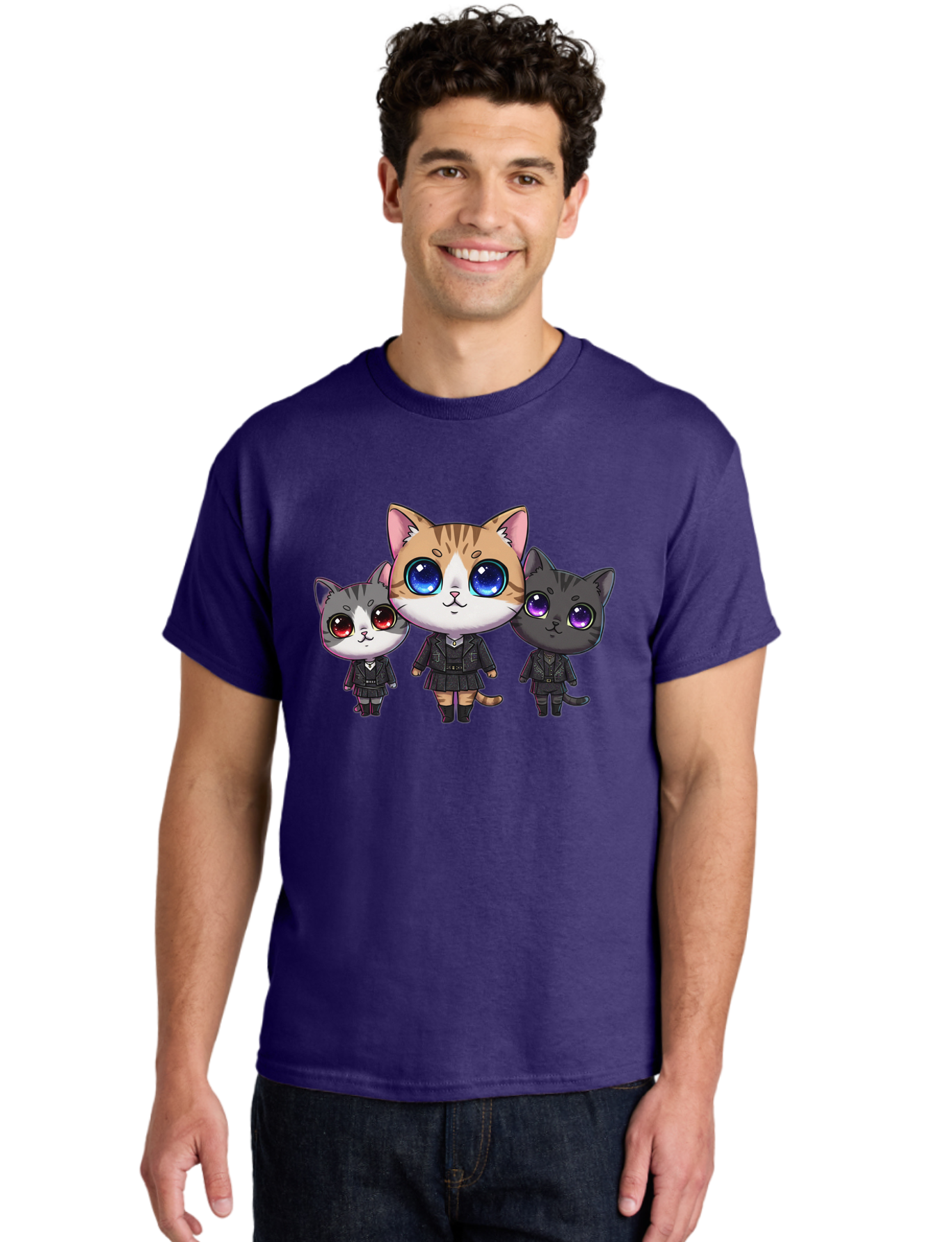 Three-Cats Men'S Graphic Tee, 100% Cotton, Comfortable Casual Summer Wear, Machine Washable, Cartoon Cats, Anime Style, Cute Cats, Kawaii Art, Cat Trio, Cartoon Characters, Stylized Cats, Large Eyes, Dressed Cats, Feline Friends, Digital Art, Bac513