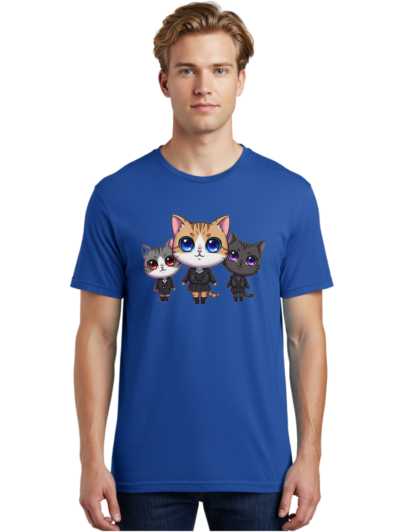 Three-Cats Men'S Graphic Tee, 100% Cotton, Comfortable Casual Summer Wear, Machine Washable, Cartoon Cats, Anime Style, Cute Cats, Kawaii Art, Cat Trio, Cartoon Characters, Stylized Cats, Large Eyes, Dressed Cats, Feline Friends, Digital Art, Bac513