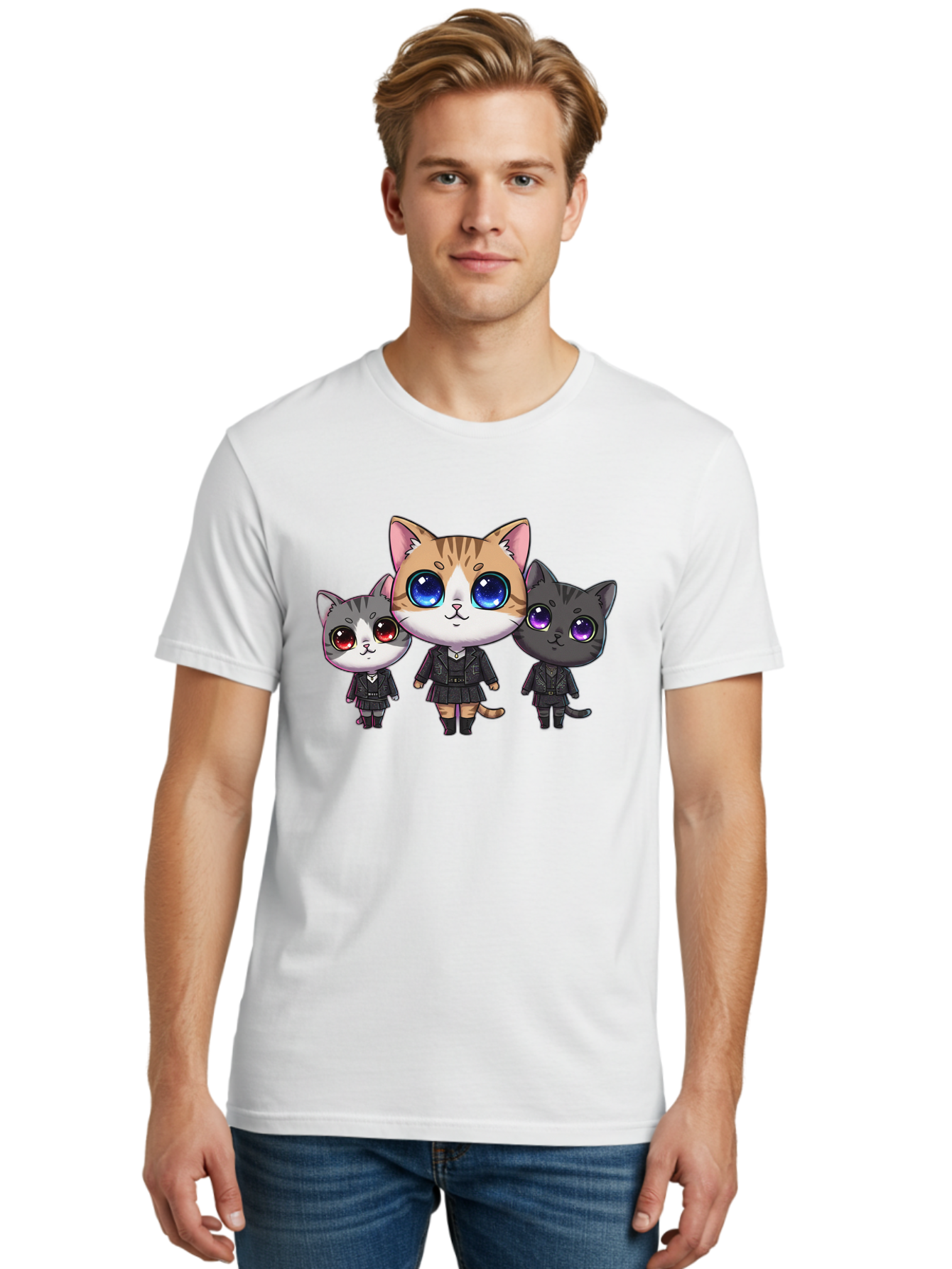 Three-Cats Men'S Graphic Tee, 100% Cotton, Comfortable Casual Summer Wear, Machine Washable, Cartoon Cats, Anime Style, Cute Cats, Kawaii Art, Cat Trio, Cartoon Characters, Stylized Cats, Large Eyes, Dressed Cats, Feline Friends, Digital Art, Bac513