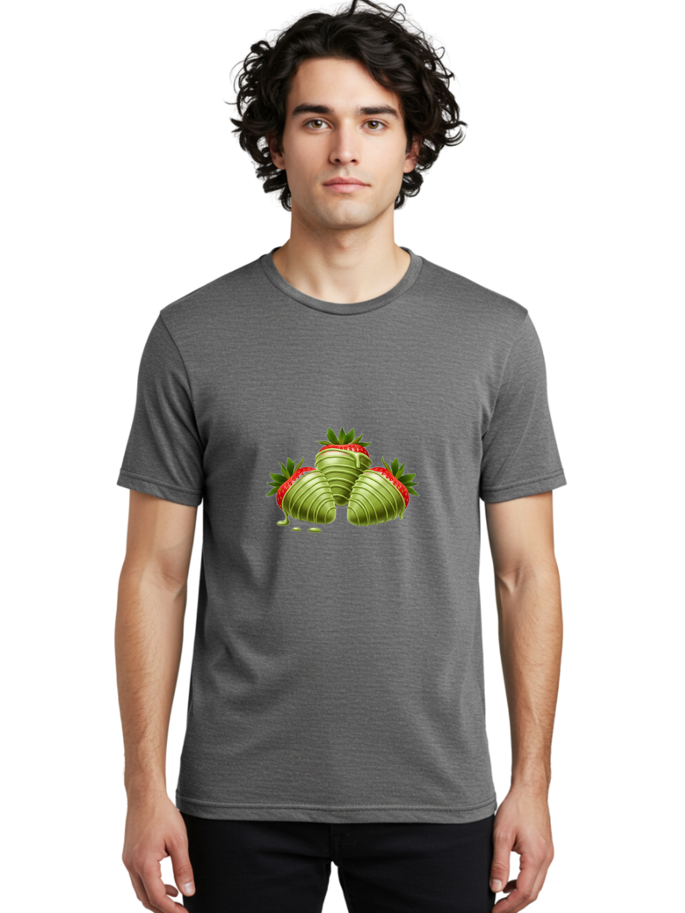 Three-Chocolate-Dipped-Strawberries Men'S Graphic Tee, 100% Cotton, Comfortable Casual Summer Wear, Machine Washable, Chocolate Covered Strawberries, Strawberries Dipped In Chocolate, Dessert, Sweet Treats, Indulgent Snacks, Summer Treats, Bac514