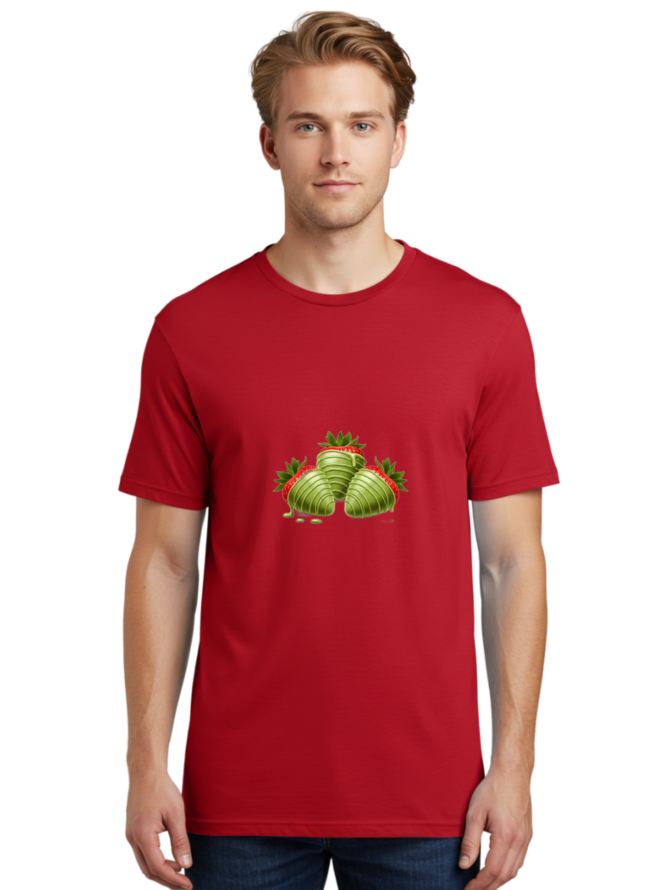 Three-Chocolate-Dipped-Strawberries Men'S Graphic Tee, 100% Cotton, Comfortable Casual Summer Wear, Machine Washable, Chocolate Covered Strawberries, Strawberries Dipped In Chocolate, Dessert, Sweet Treats, Indulgent Snacks, Summer Treats, Bac514