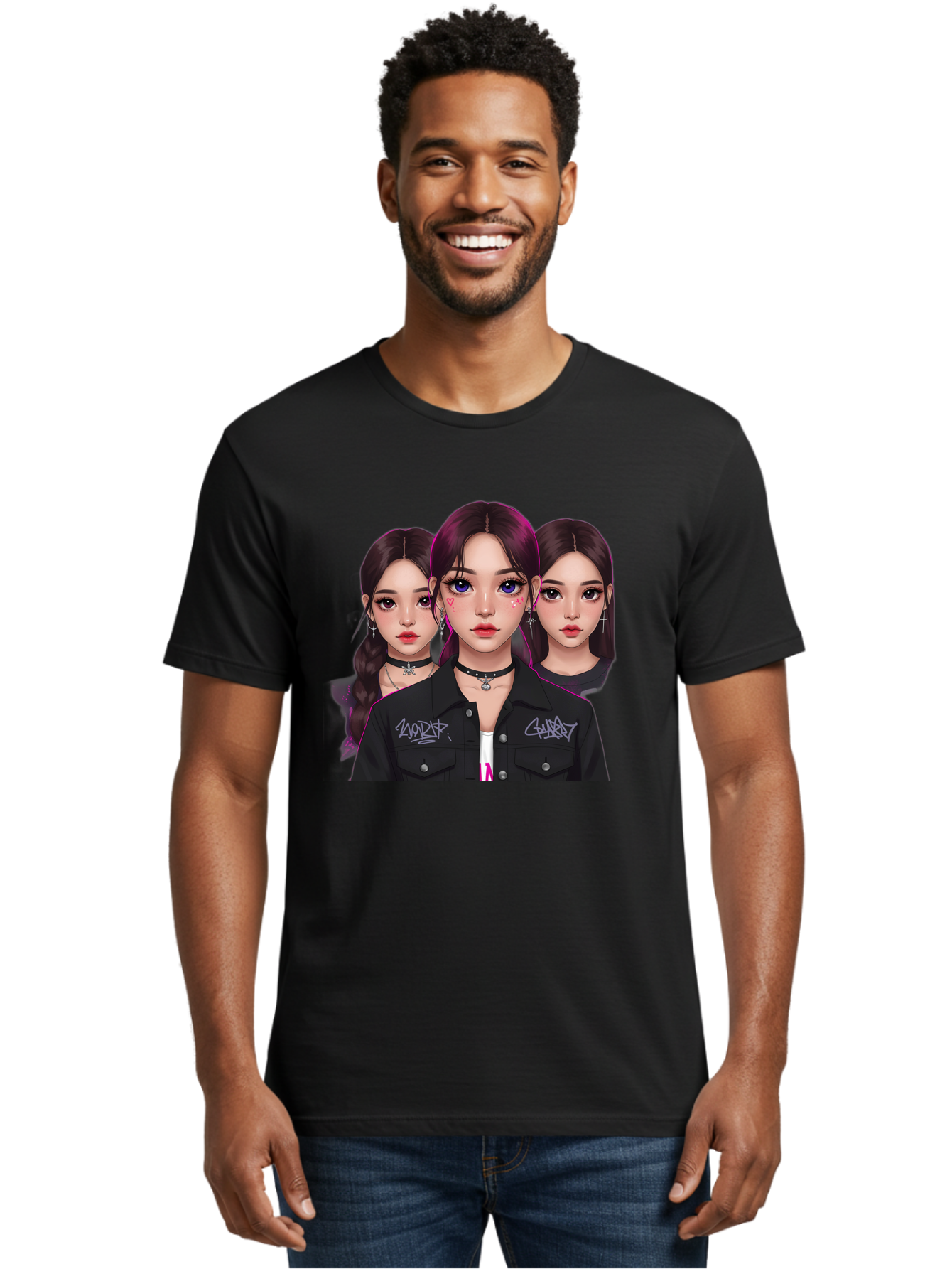 Three-Faced-Woman-Portrait Men'S Graphic Tee, 100% Cotton, Comfortable Casual Summer Wear, Machine Washable, K-Pop Idols, Fashion Style, Edgy Look, Dark Hair, Bold Makeup, Choker Necklaces, Graffiti Jacket, Girl Power, Korean Pop Culture Bac515