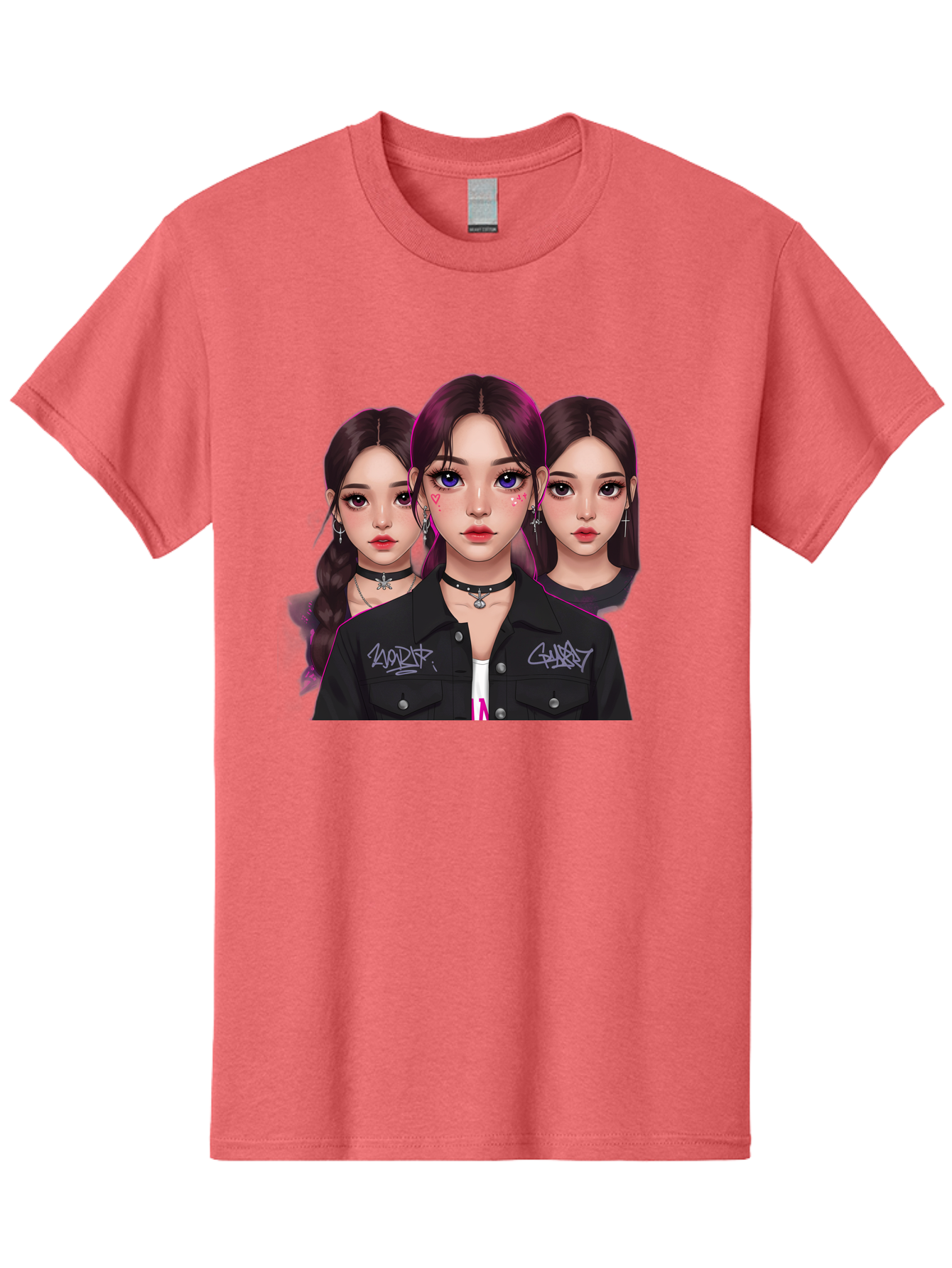 Three-Faced-Woman-Portrait Men'S Graphic Tee, 100% Cotton, Comfortable Casual Summer Wear, Machine Washable, K-Pop Idols, Fashion Style, Edgy Look, Dark Hair, Bold Makeup, Choker Necklaces, Graffiti Jacket, Girl Power, Korean Pop Culture Bac515