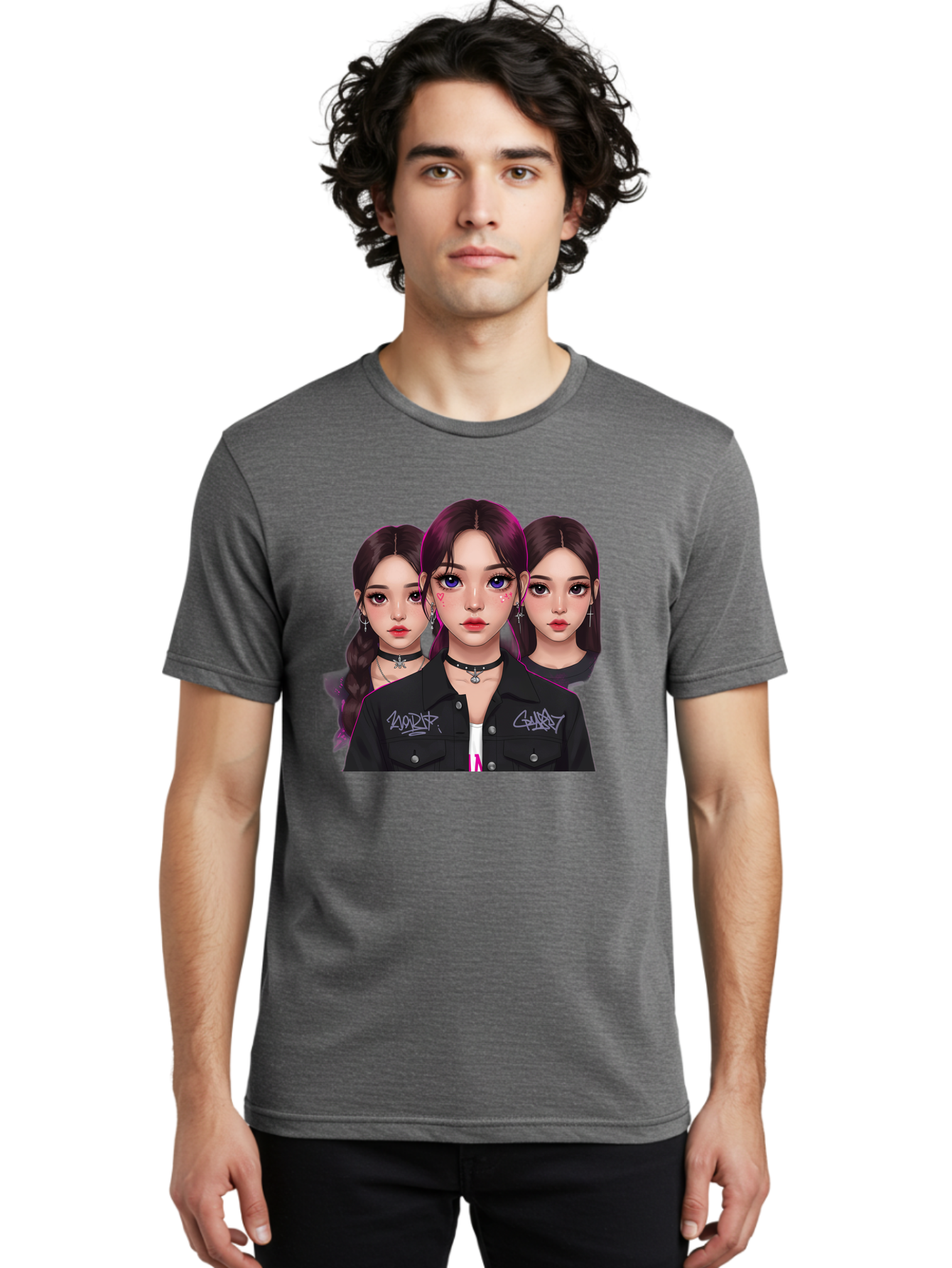 Three-Faced-Woman-Portrait Men'S Graphic Tee, 100% Cotton, Comfortable Casual Summer Wear, Machine Washable, K-Pop Idols, Fashion Style, Edgy Look, Dark Hair, Bold Makeup, Choker Necklaces, Graffiti Jacket, Girl Power, Korean Pop Culture Bac515