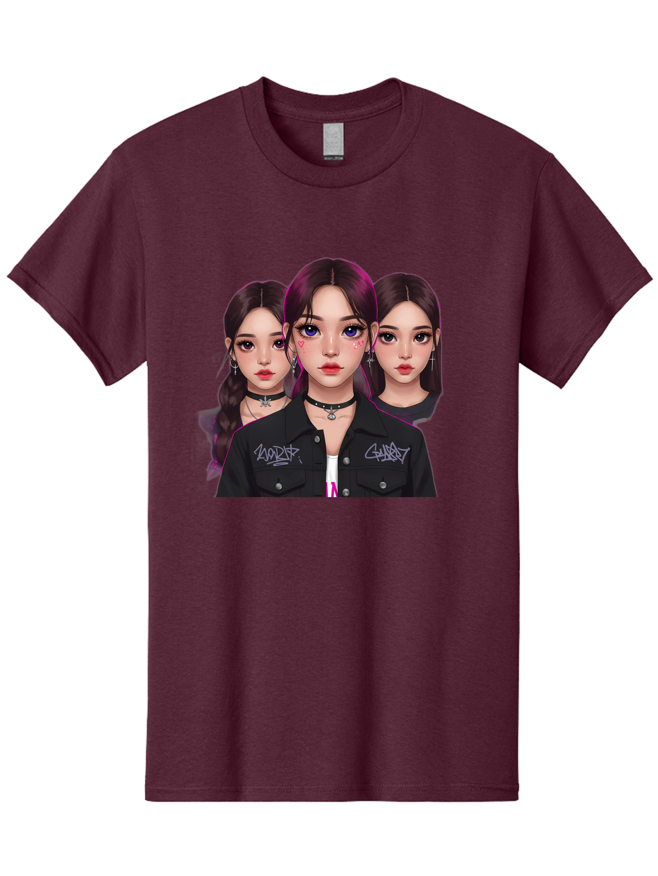 Three-Faced-Woman-Portrait Men'S Graphic Tee, 100% Cotton, Comfortable Casual Summer Wear, Machine Washable, K-Pop Idols, Fashion Style, Edgy Look, Dark Hair, Bold Makeup, Choker Necklaces, Graffiti Jacket, Girl Power, Korean Pop Culture Bac515