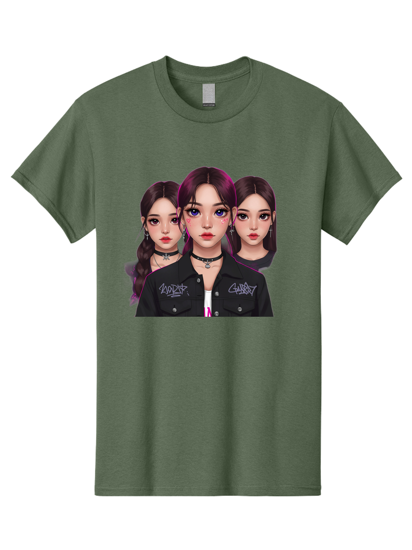 Three-Faced-Woman-Portrait Men'S Graphic Tee, 100% Cotton, Comfortable Casual Summer Wear, Machine Washable, K-Pop Idols, Fashion Style, Edgy Look, Dark Hair, Bold Makeup, Choker Necklaces, Graffiti Jacket, Girl Power, Korean Pop Culture Bac515