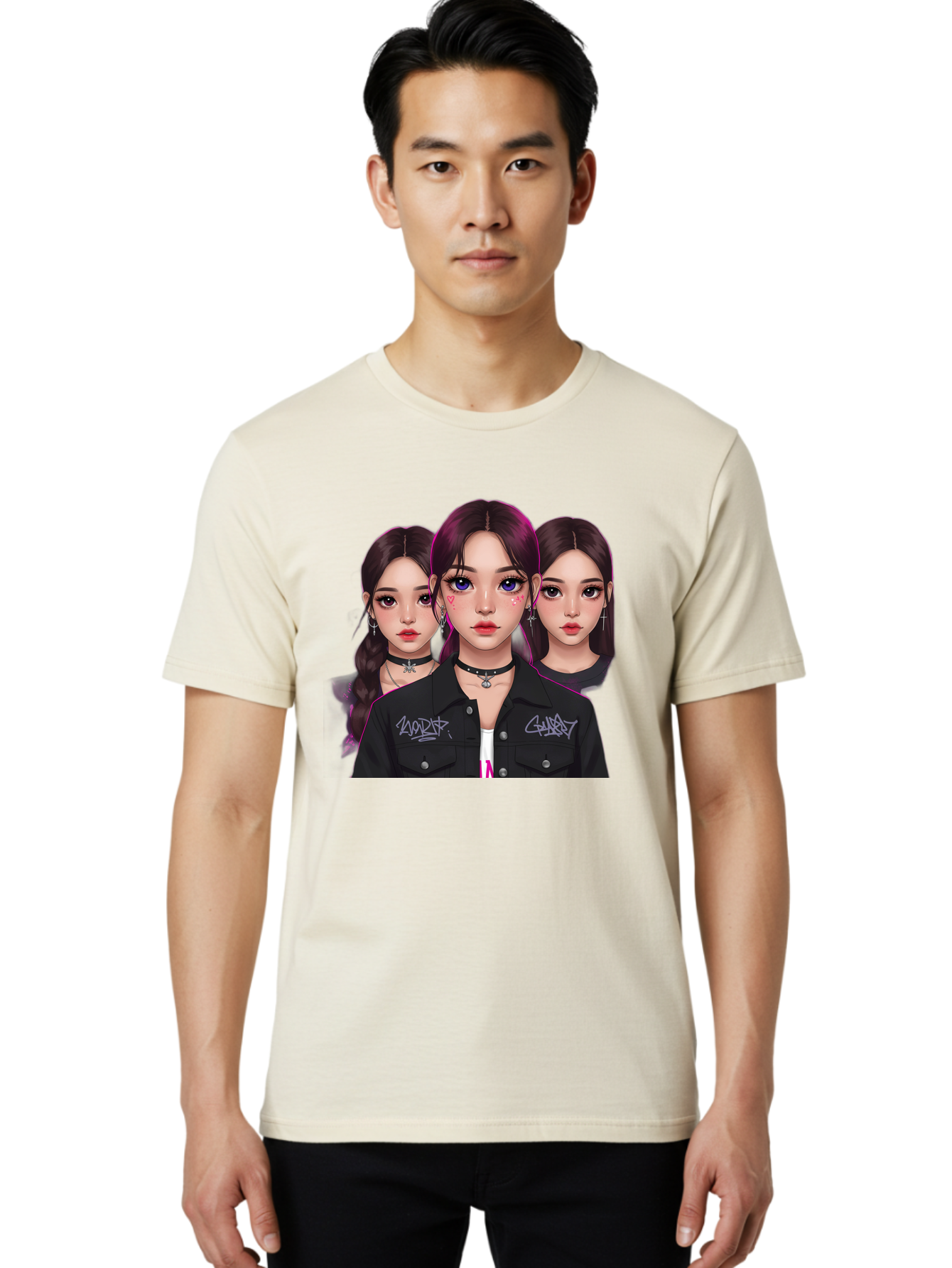 Three-Faced-Woman-Portrait Men'S Graphic Tee, 100% Cotton, Comfortable Casual Summer Wear, Machine Washable, K-Pop Idols, Fashion Style, Edgy Look, Dark Hair, Bold Makeup, Choker Necklaces, Graffiti Jacket, Girl Power, Korean Pop Culture Bac515