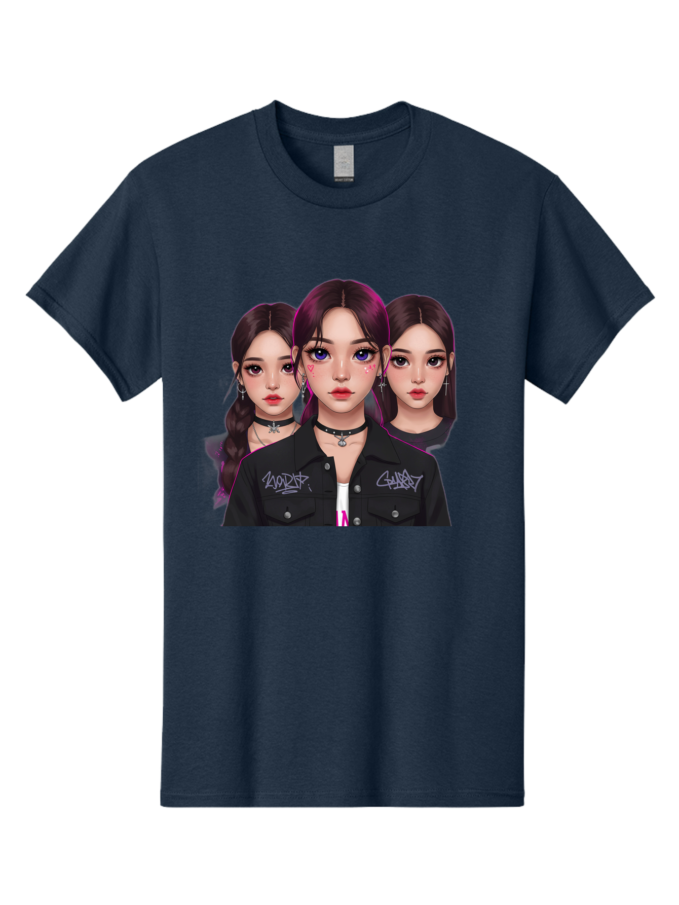 Three-Faced-Woman-Portrait Men'S Graphic Tee, 100% Cotton, Comfortable Casual Summer Wear, Machine Washable, K-Pop Idols, Fashion Style, Edgy Look, Dark Hair, Bold Makeup, Choker Necklaces, Graffiti Jacket, Girl Power, Korean Pop Culture Bac515