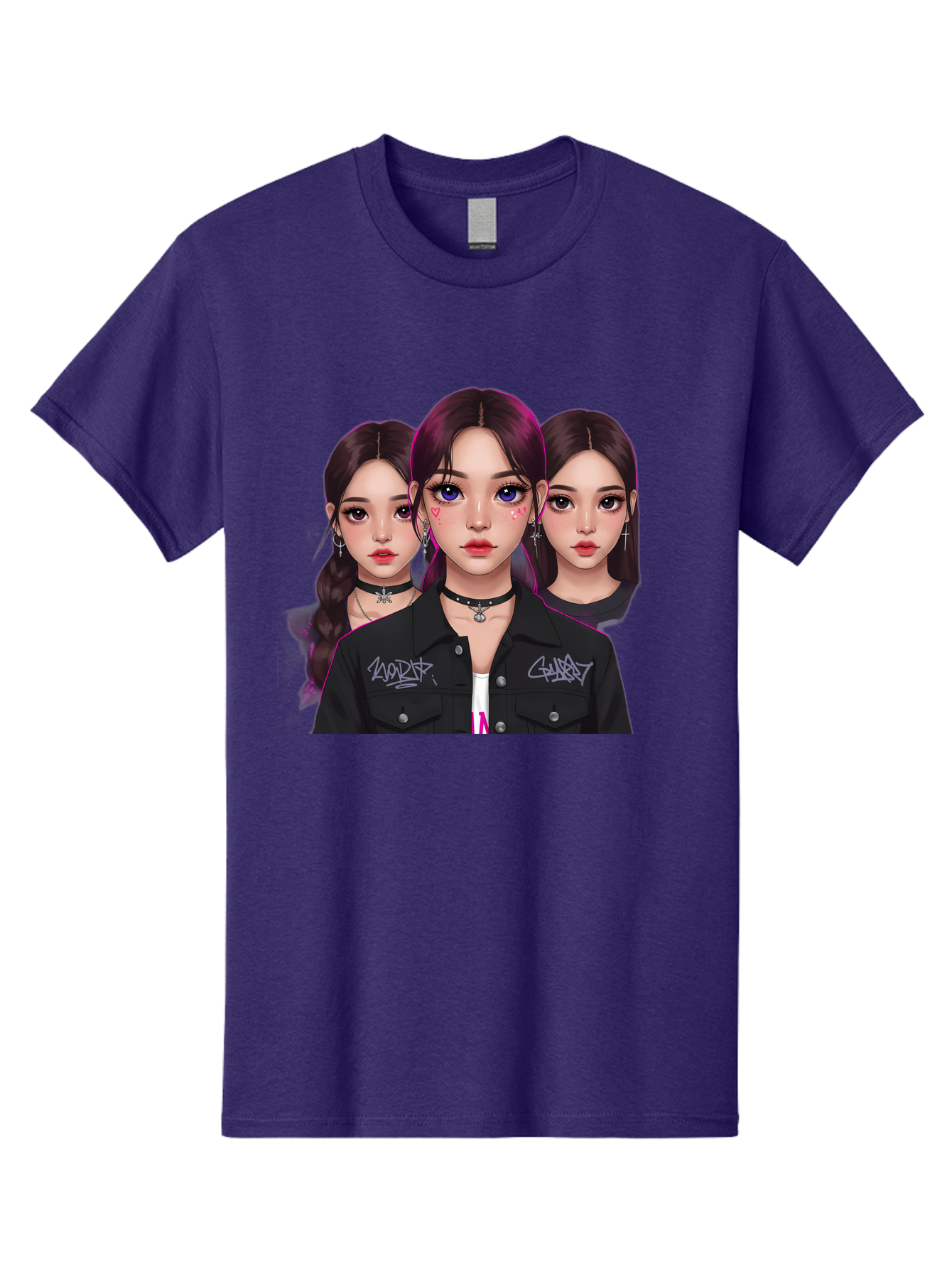 Three-Faced-Woman-Portrait Men'S Graphic Tee, 100% Cotton, Comfortable Casual Summer Wear, Machine Washable, K-Pop Idols, Fashion Style, Edgy Look, Dark Hair, Bold Makeup, Choker Necklaces, Graffiti Jacket, Girl Power, Korean Pop Culture Bac515