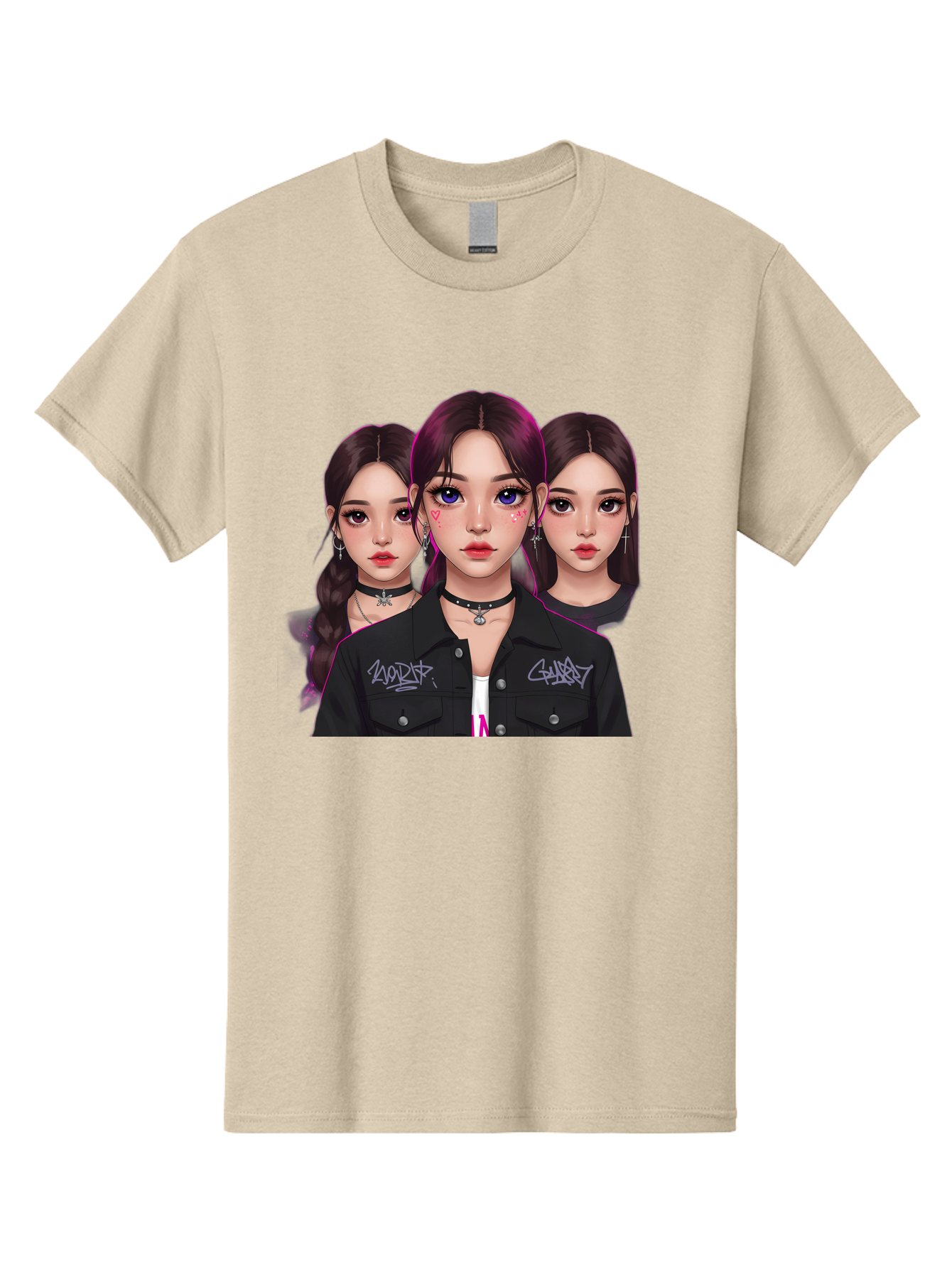Three-Faced-Woman-Portrait Men'S Graphic Tee, 100% Cotton, Comfortable Casual Summer Wear, Machine Washable, K-Pop Idols, Fashion Style, Edgy Look, Dark Hair, Bold Makeup, Choker Necklaces, Graffiti Jacket, Girl Power, Korean Pop Culture Bac515