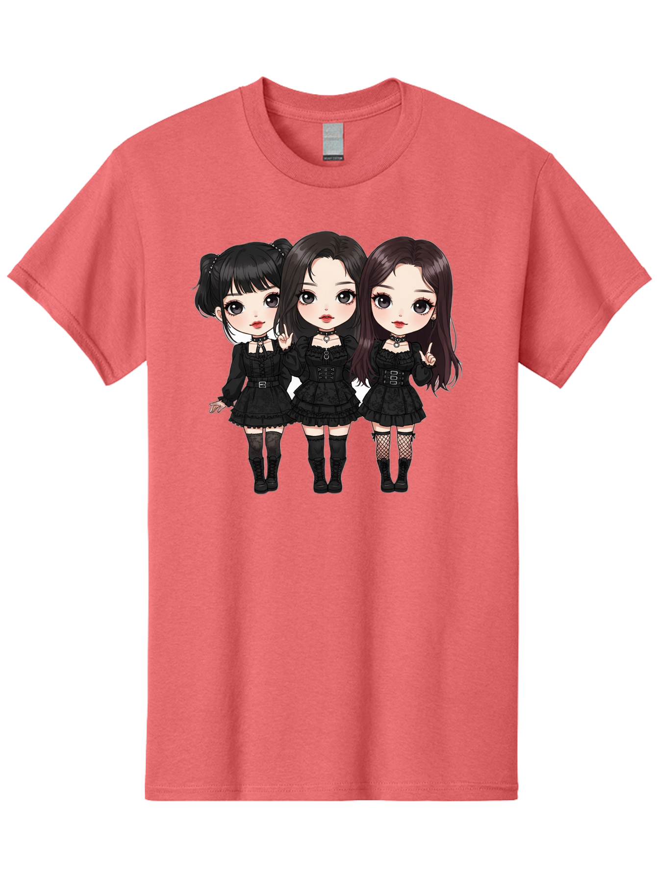 Three-Girls-In-Black-Dresses Men'S Graphic Tee, 100% Cotton, Comfortable Casual Summer Wear, Machine Washable, Gothic Cartoon Girls, Anime Style, Black Dresses, Fishnet Tights, Cartoon Characters, Fashionable Outfits, Chibi Art Bac516