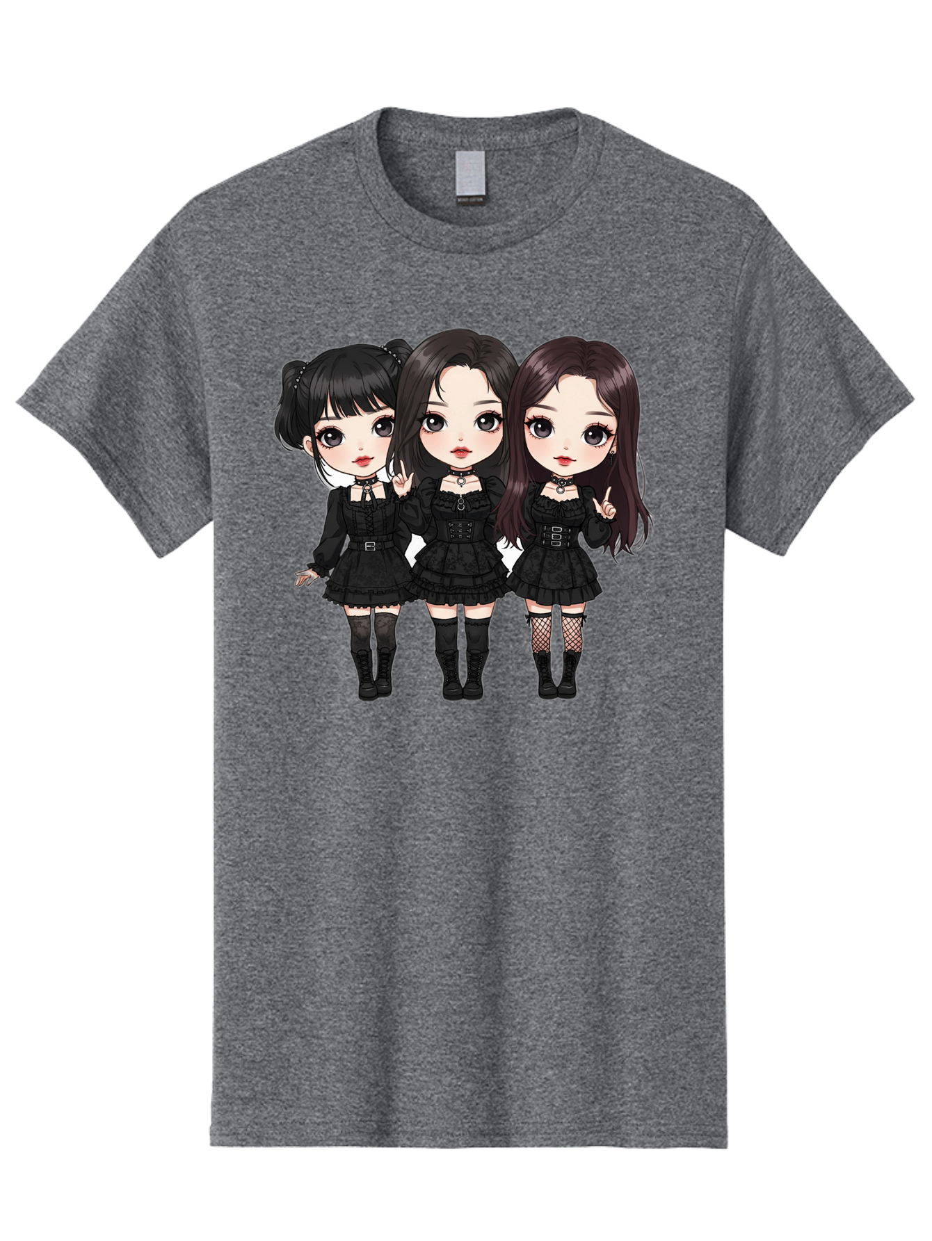 Three-Girls-In-Black-Dresses Men'S Graphic Tee, 100% Cotton, Comfortable Casual Summer Wear, Machine Washable, Gothic Cartoon Girls, Anime Style, Black Dresses, Fishnet Tights, Cartoon Characters, Fashionable Outfits, Chibi Art Bac516