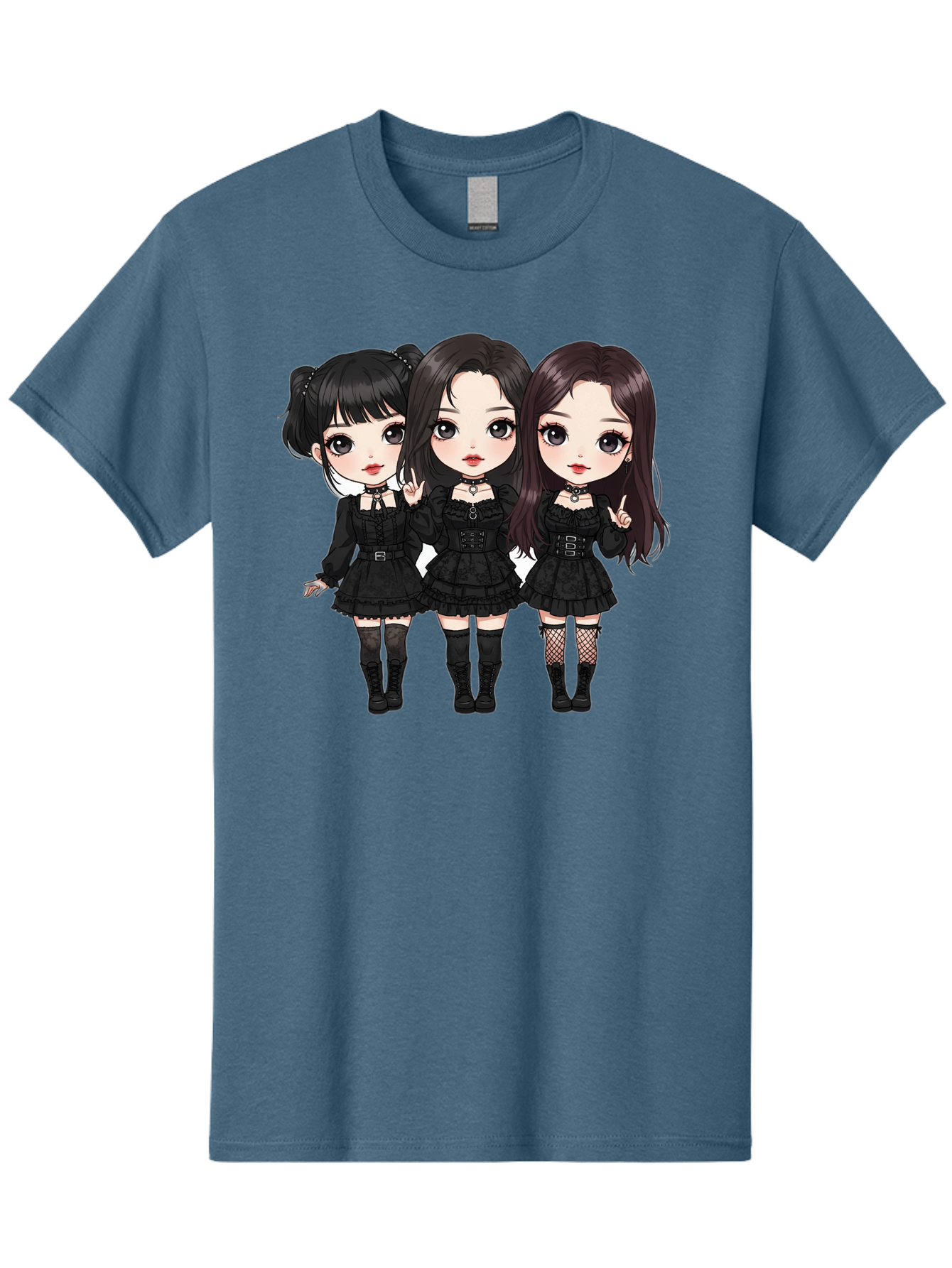 Three-Girls-In-Black-Dresses Men'S Graphic Tee, 100% Cotton, Comfortable Casual Summer Wear, Machine Washable, Gothic Cartoon Girls, Anime Style, Black Dresses, Fishnet Tights, Cartoon Characters, Fashionable Outfits, Chibi Art Bac516