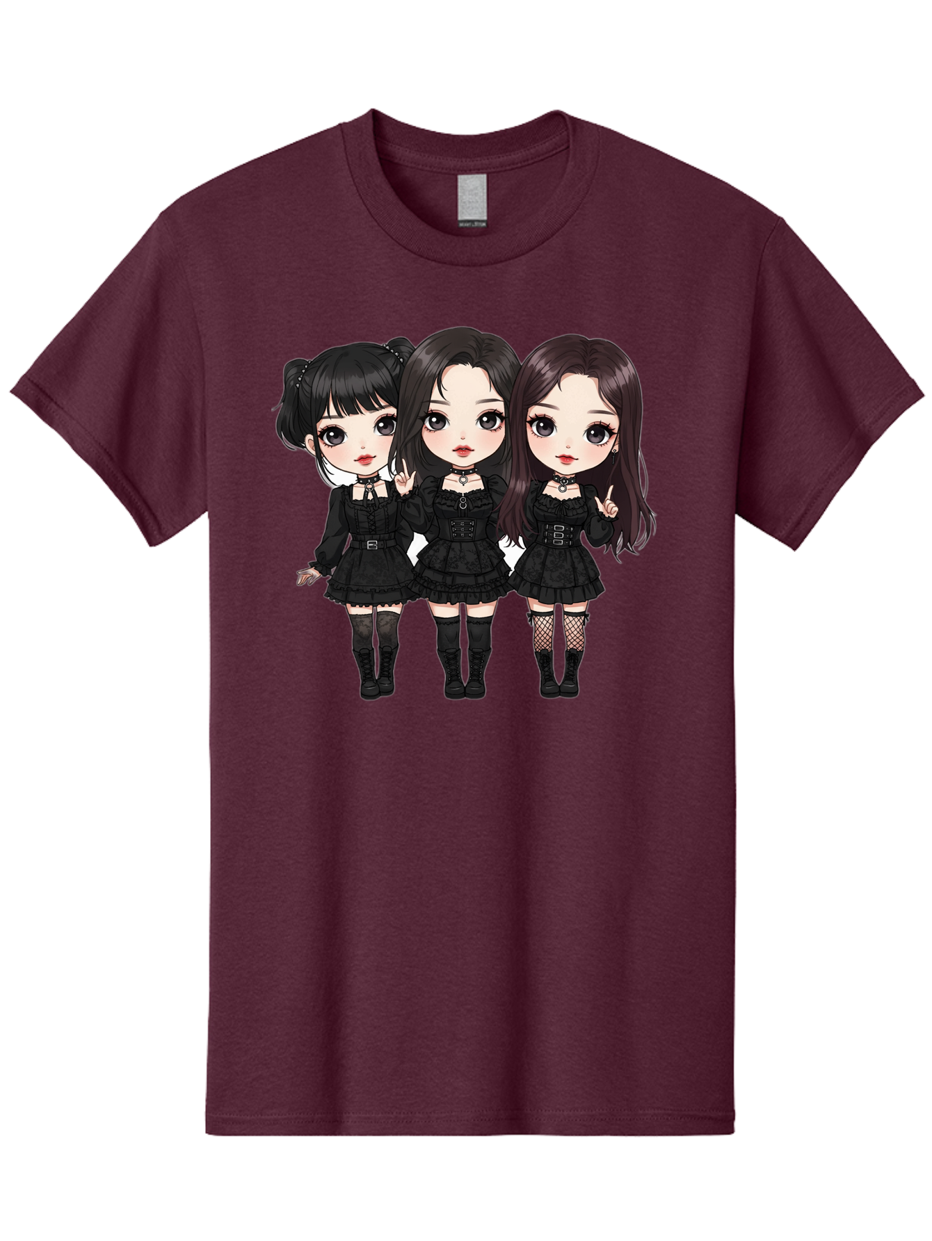 Three-Girls-In-Black-Dresses Men'S Graphic Tee, 100% Cotton, Comfortable Casual Summer Wear, Machine Washable, Gothic Cartoon Girls, Anime Style, Black Dresses, Fishnet Tights, Cartoon Characters, Fashionable Outfits, Chibi Art Bac516