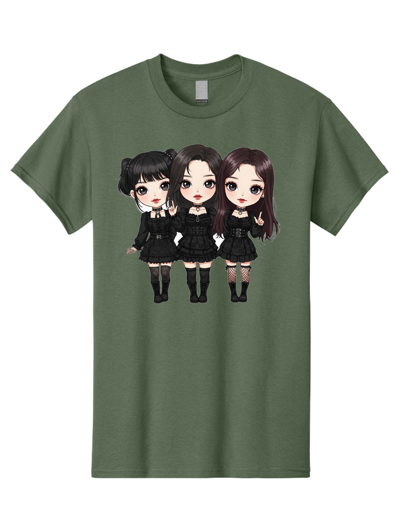 Three-Girls-In-Black-Dresses Men'S Graphic Tee, 100% Cotton, Comfortable Casual Summer Wear, Machine Washable, Gothic Cartoon Girls, Anime Style, Black Dresses, Fishnet Tights, Cartoon Characters, Fashionable Outfits, Chibi Art Bac516