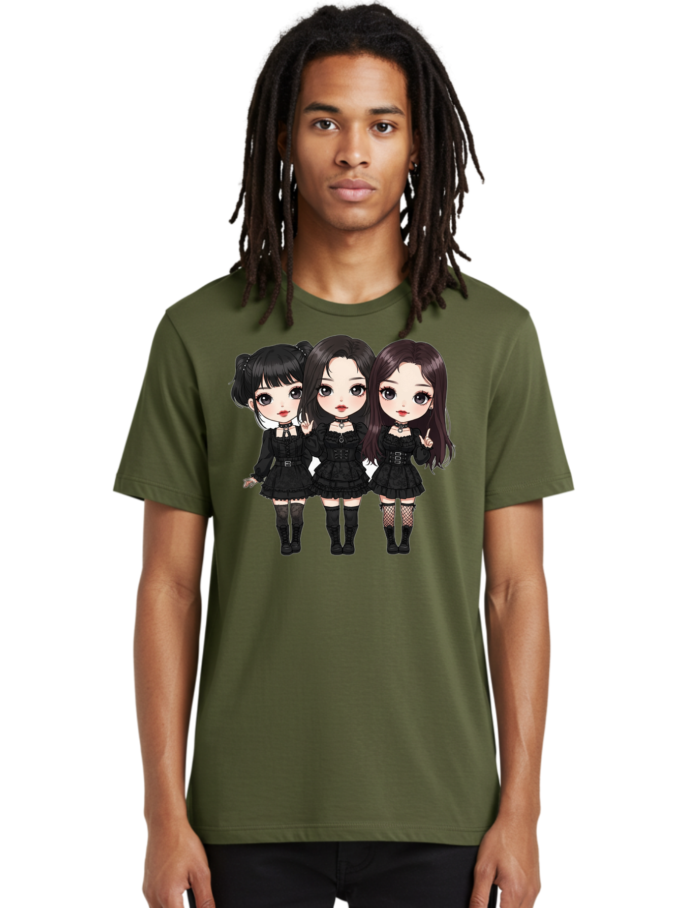 Three-Girls-In-Black-Dresses Men'S Graphic Tee, 100% Cotton, Comfortable Casual Summer Wear, Machine Washable, Gothic Cartoon Girls, Anime Style, Black Dresses, Fishnet Tights, Cartoon Characters, Fashionable Outfits, Chibi Art Bac516