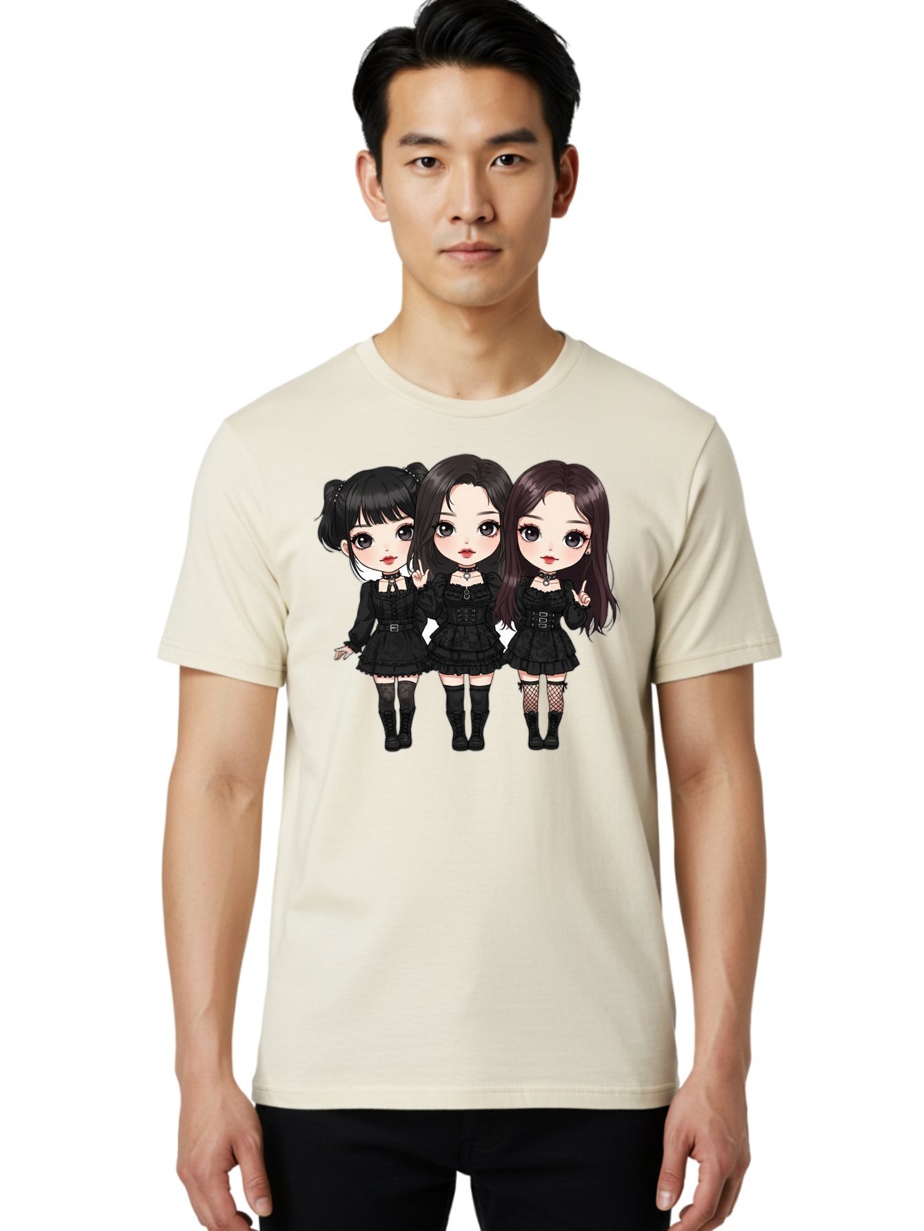 Three-Girls-In-Black-Dresses Men'S Graphic Tee, 100% Cotton, Comfortable Casual Summer Wear, Machine Washable, Gothic Cartoon Girls, Anime Style, Black Dresses, Fishnet Tights, Cartoon Characters, Fashionable Outfits, Chibi Art Bac516