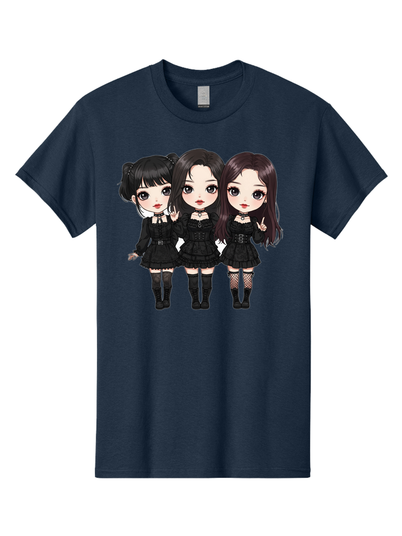 Three-Girls-In-Black-Dresses Men'S Graphic Tee, 100% Cotton, Comfortable Casual Summer Wear, Machine Washable, Gothic Cartoon Girls, Anime Style, Black Dresses, Fishnet Tights, Cartoon Characters, Fashionable Outfits, Chibi Art Bac516