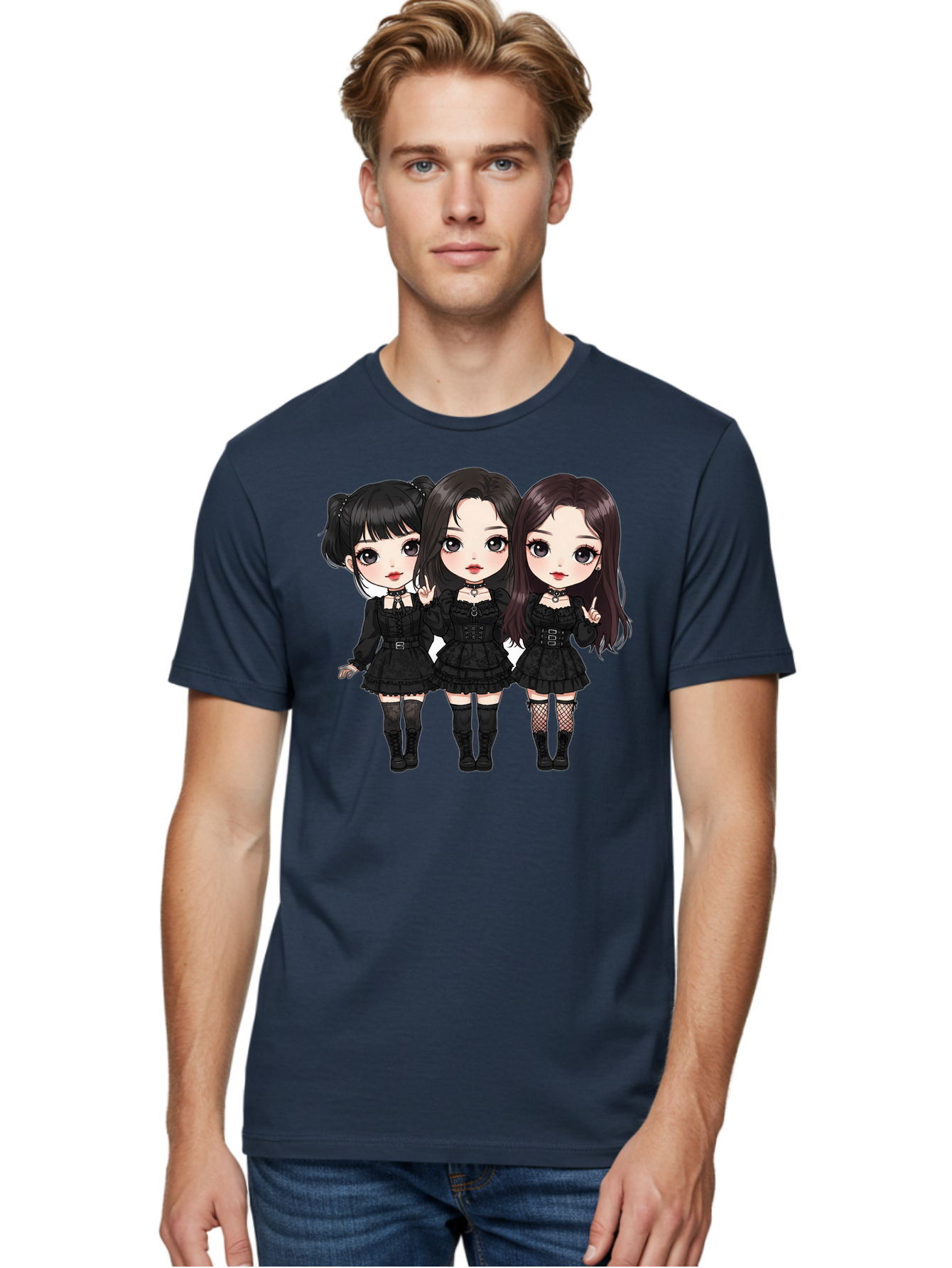 Three-Girls-In-Black-Dresses Men'S Graphic Tee, 100% Cotton, Comfortable Casual Summer Wear, Machine Washable, Gothic Cartoon Girls, Anime Style, Black Dresses, Fishnet Tights, Cartoon Characters, Fashionable Outfits, Chibi Art Bac516