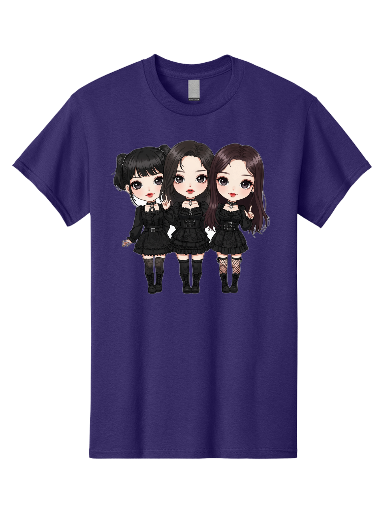 Three-Girls-In-Black-Dresses Men'S Graphic Tee, 100% Cotton, Comfortable Casual Summer Wear, Machine Washable, Gothic Cartoon Girls, Anime Style, Black Dresses, Fishnet Tights, Cartoon Characters, Fashionable Outfits, Chibi Art Bac516