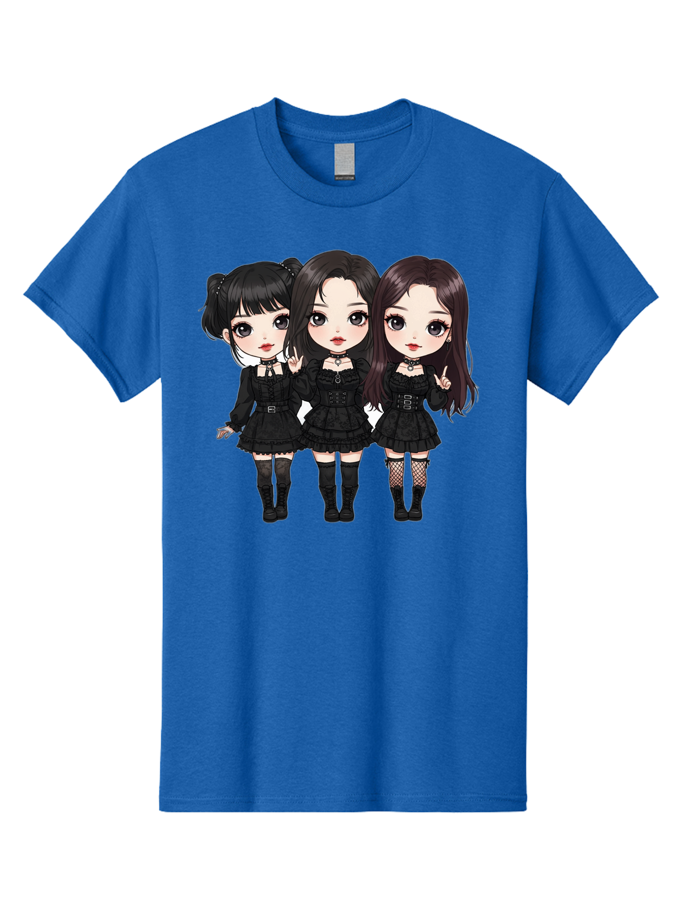 Three-Girls-In-Black-Dresses Men'S Graphic Tee, 100% Cotton, Comfortable Casual Summer Wear, Machine Washable, Gothic Cartoon Girls, Anime Style, Black Dresses, Fishnet Tights, Cartoon Characters, Fashionable Outfits, Chibi Art Bac516