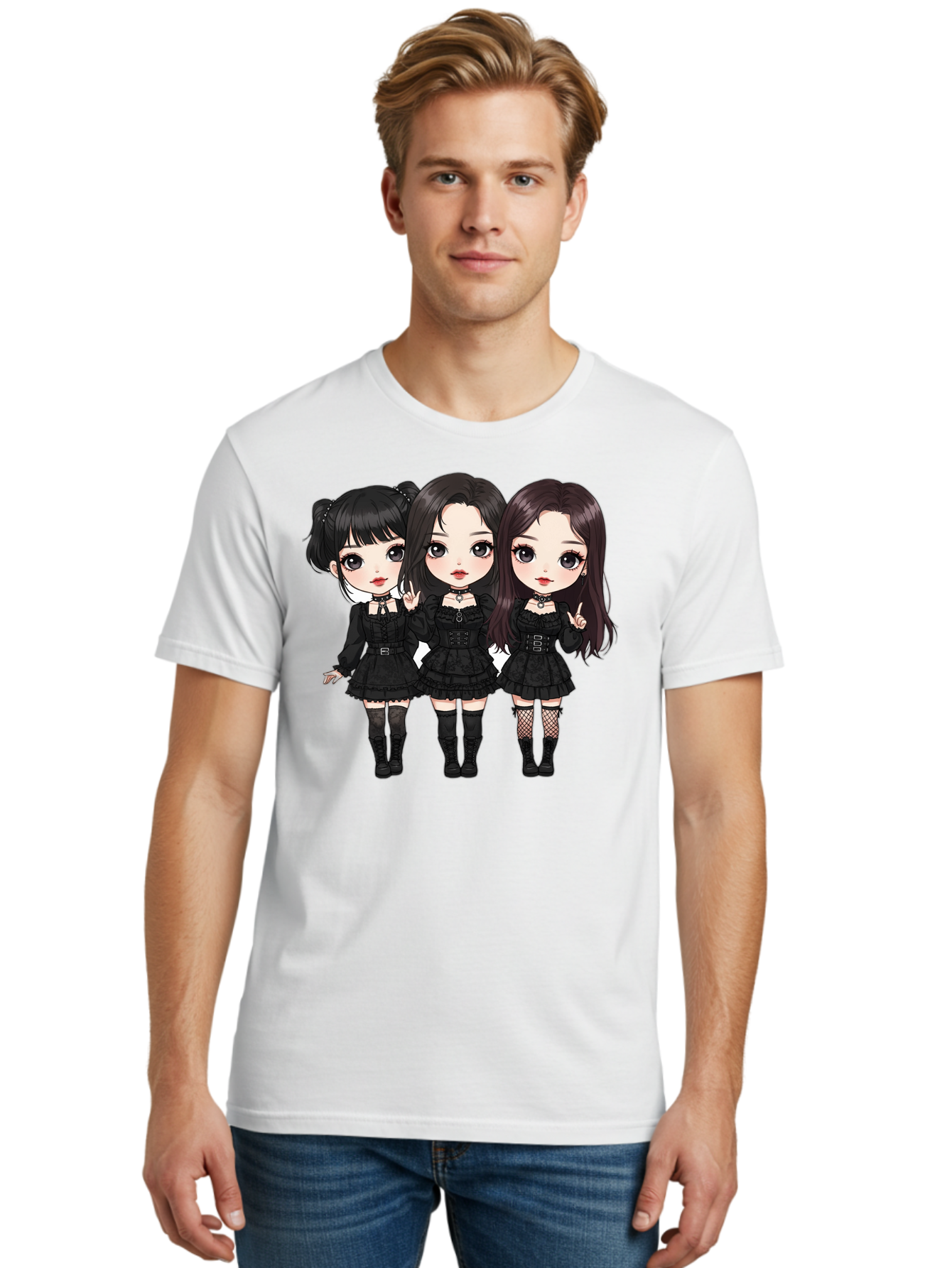 Three-Girls-In-Black-Dresses Men'S Graphic Tee, 100% Cotton, Comfortable Casual Summer Wear, Machine Washable, Gothic Cartoon Girls, Anime Style, Black Dresses, Fishnet Tights, Cartoon Characters, Fashionable Outfits, Chibi Art Bac516