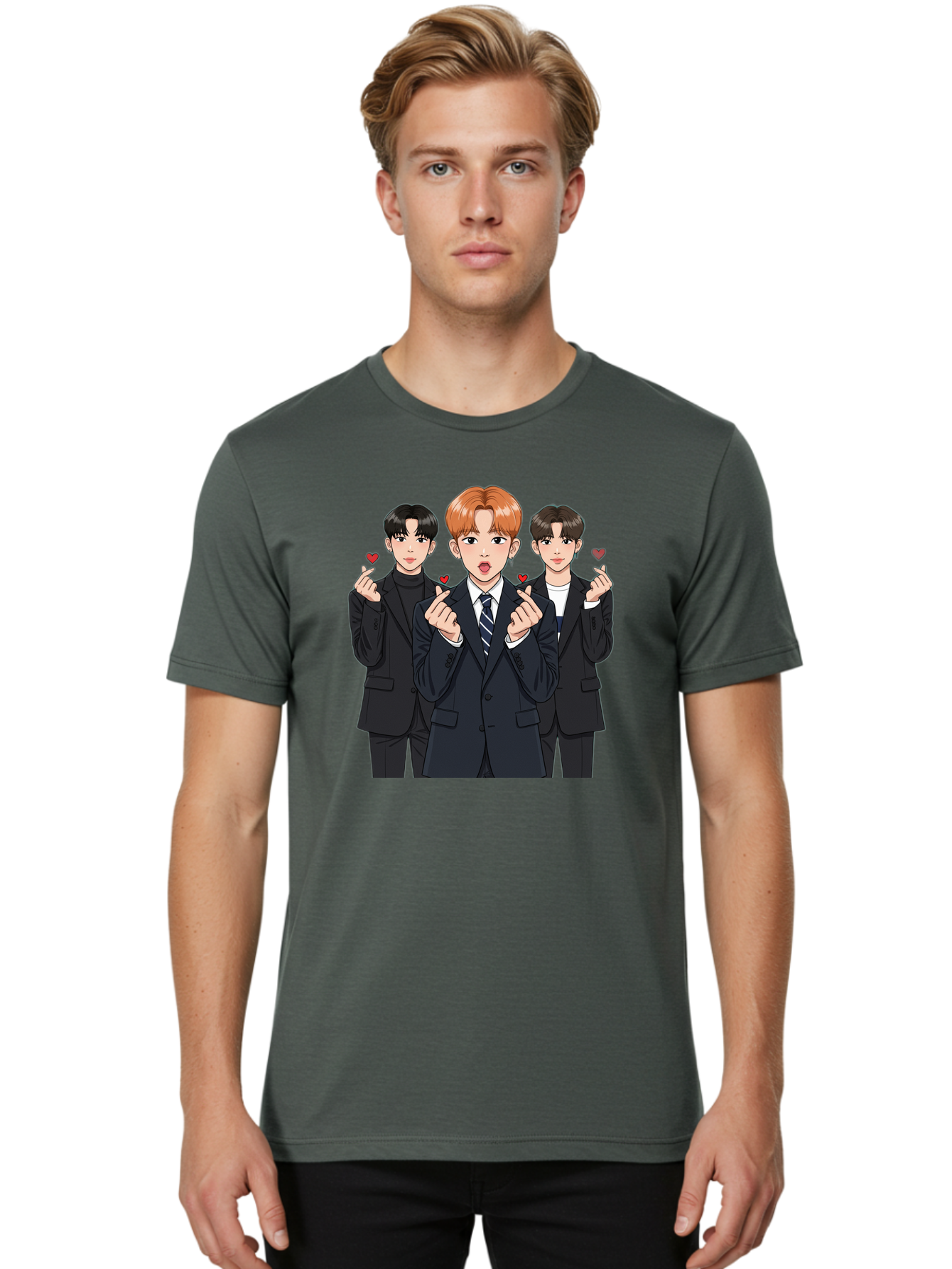 Three-Men-In-Suits-With-Hearts Men'S Graphic Tee, 100% Cotton, Comfortable Casual Summer Wear, Machine Washable, Young Men In Suits, Kpop Idols, Cartoon Style, Heart Gestures, Fashionable Clothing, Modern Boys, Stylish Outfits, Group Portrait, Bac518