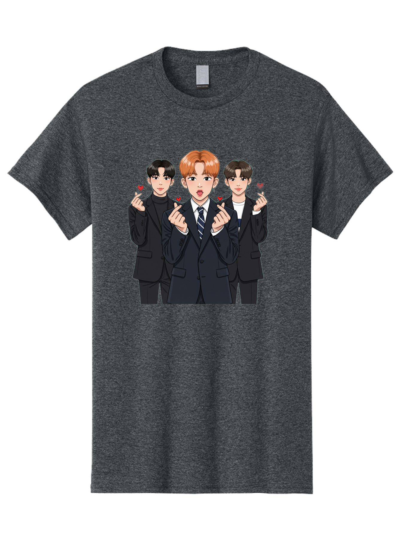 Three-Men-In-Suits-With-Hearts Men'S Graphic Tee, 100% Cotton, Comfortable Casual Summer Wear, Machine Washable, Young Men In Suits, Kpop Idols, Cartoon Style, Heart Gestures, Fashionable Clothing, Modern Boys, Stylish Outfits, Group Portrait, Bac518