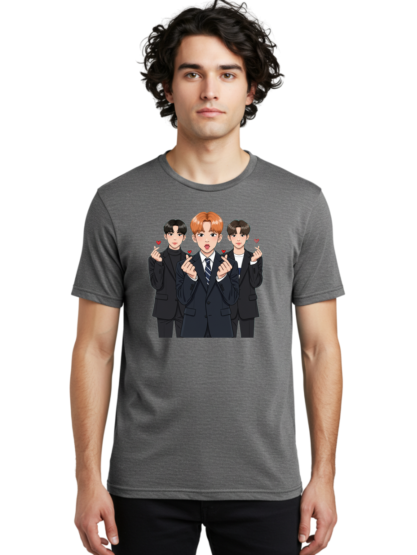 Three-Men-In-Suits-With-Hearts Men'S Graphic Tee, 100% Cotton, Comfortable Casual Summer Wear, Machine Washable, Young Men In Suits, Kpop Idols, Cartoon Style, Heart Gestures, Fashionable Clothing, Modern Boys, Stylish Outfits, Group Portrait, Bac518
