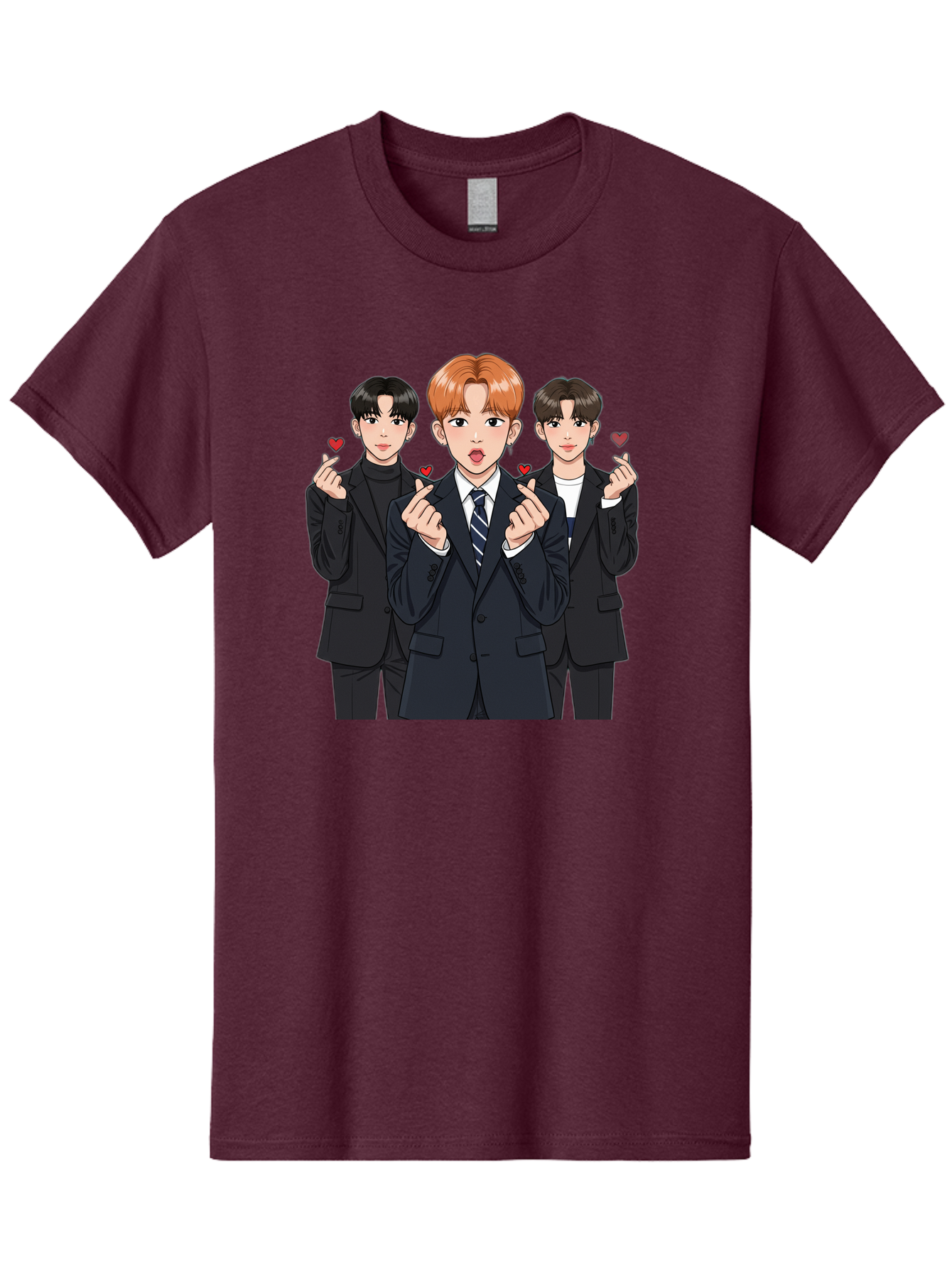 Three-Men-In-Suits-With-Hearts Men'S Graphic Tee, 100% Cotton, Comfortable Casual Summer Wear, Machine Washable, Young Men In Suits, Kpop Idols, Cartoon Style, Heart Gestures, Fashionable Clothing, Modern Boys, Stylish Outfits, Group Portrait, Bac518