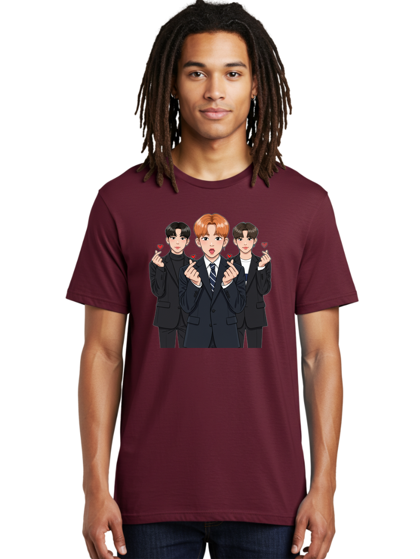 Three-Men-In-Suits-With-Hearts Men'S Graphic Tee, 100% Cotton, Comfortable Casual Summer Wear, Machine Washable, Young Men In Suits, Kpop Idols, Cartoon Style, Heart Gestures, Fashionable Clothing, Modern Boys, Stylish Outfits, Group Portrait, Bac518