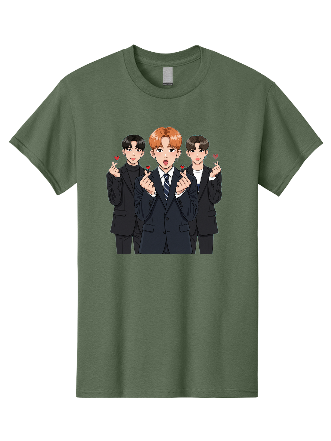 Three-Men-In-Suits-With-Hearts Men'S Graphic Tee, 100% Cotton, Comfortable Casual Summer Wear, Machine Washable, Young Men In Suits, Kpop Idols, Cartoon Style, Heart Gestures, Fashionable Clothing, Modern Boys, Stylish Outfits, Group Portrait, Bac518