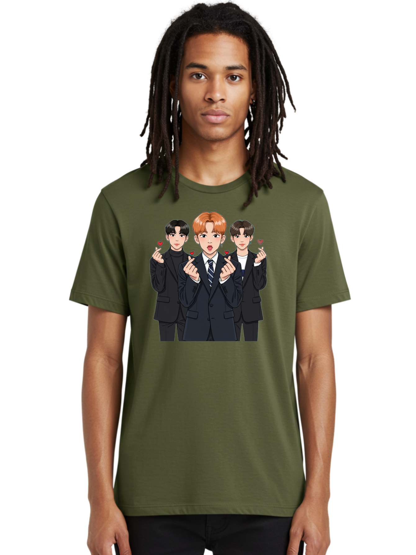 Three-Men-In-Suits-With-Hearts Men'S Graphic Tee, 100% Cotton, Comfortable Casual Summer Wear, Machine Washable, Young Men In Suits, Kpop Idols, Cartoon Style, Heart Gestures, Fashionable Clothing, Modern Boys, Stylish Outfits, Group Portrait, Bac518