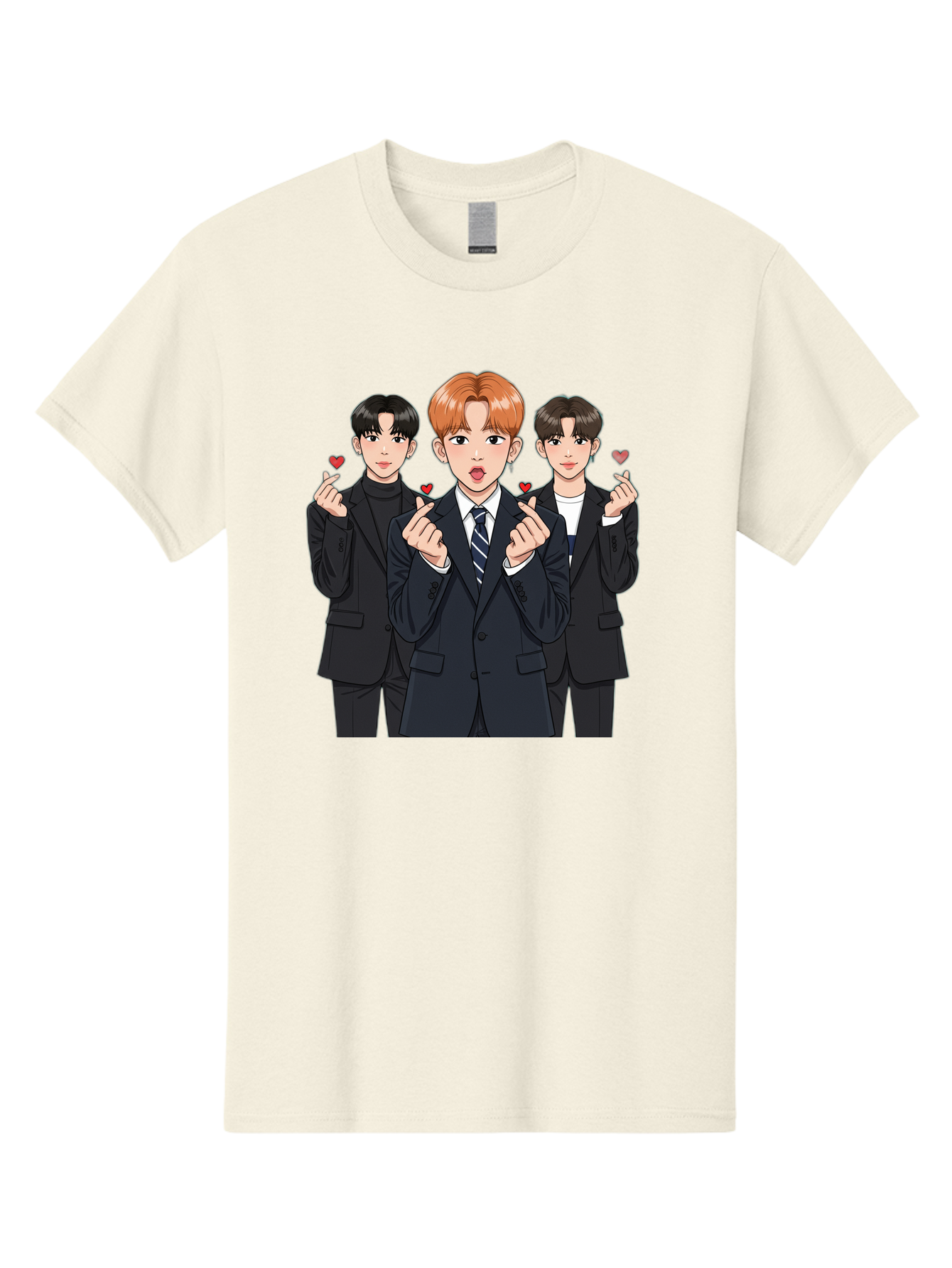 Three-Men-In-Suits-With-Hearts Men'S Graphic Tee, 100% Cotton, Comfortable Casual Summer Wear, Machine Washable, Young Men In Suits, Kpop Idols, Cartoon Style, Heart Gestures, Fashionable Clothing, Modern Boys, Stylish Outfits, Group Portrait, Bac518