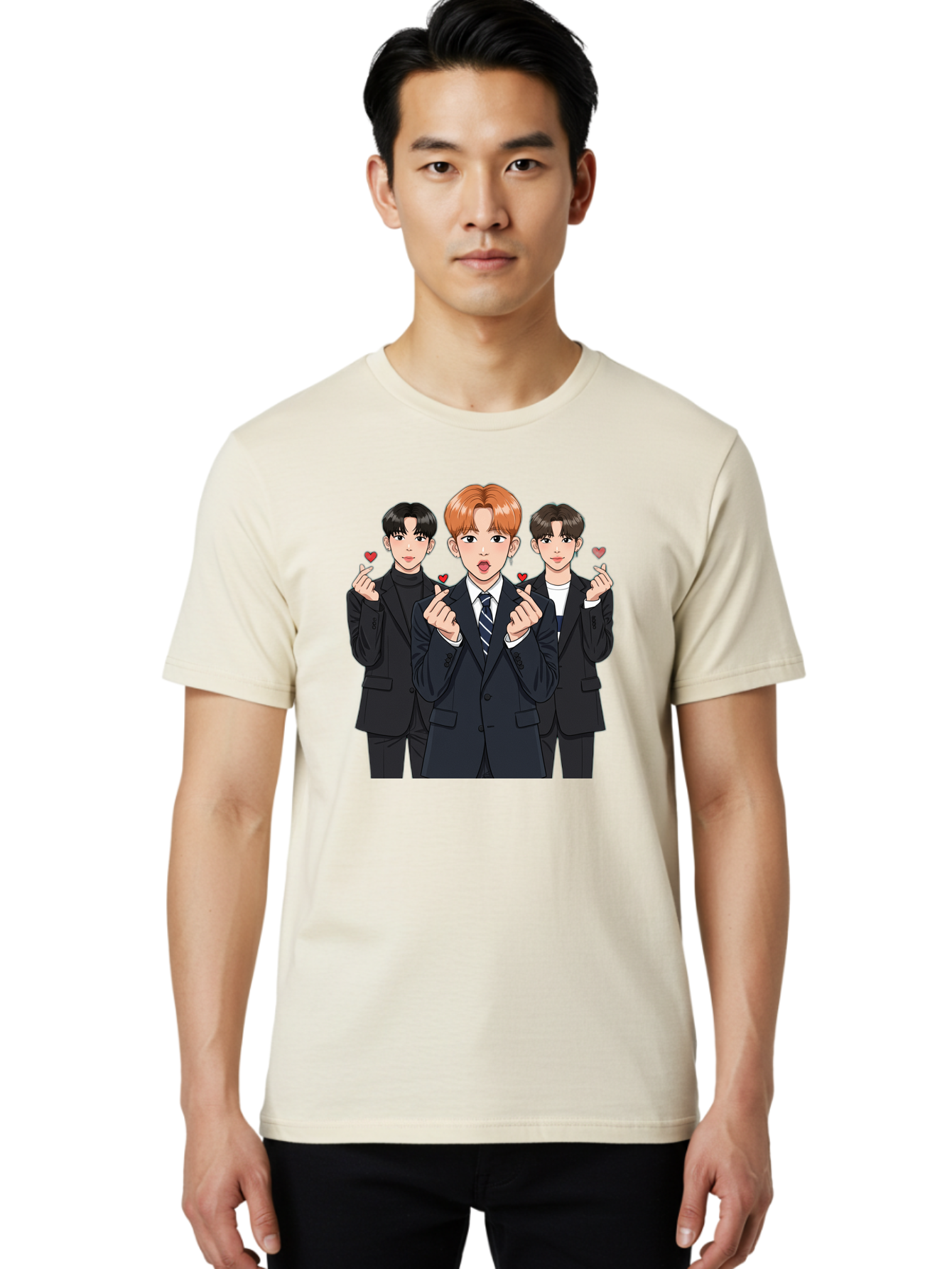Three-Men-In-Suits-With-Hearts Men'S Graphic Tee, 100% Cotton, Comfortable Casual Summer Wear, Machine Washable, Young Men In Suits, Kpop Idols, Cartoon Style, Heart Gestures, Fashionable Clothing, Modern Boys, Stylish Outfits, Group Portrait, Bac518