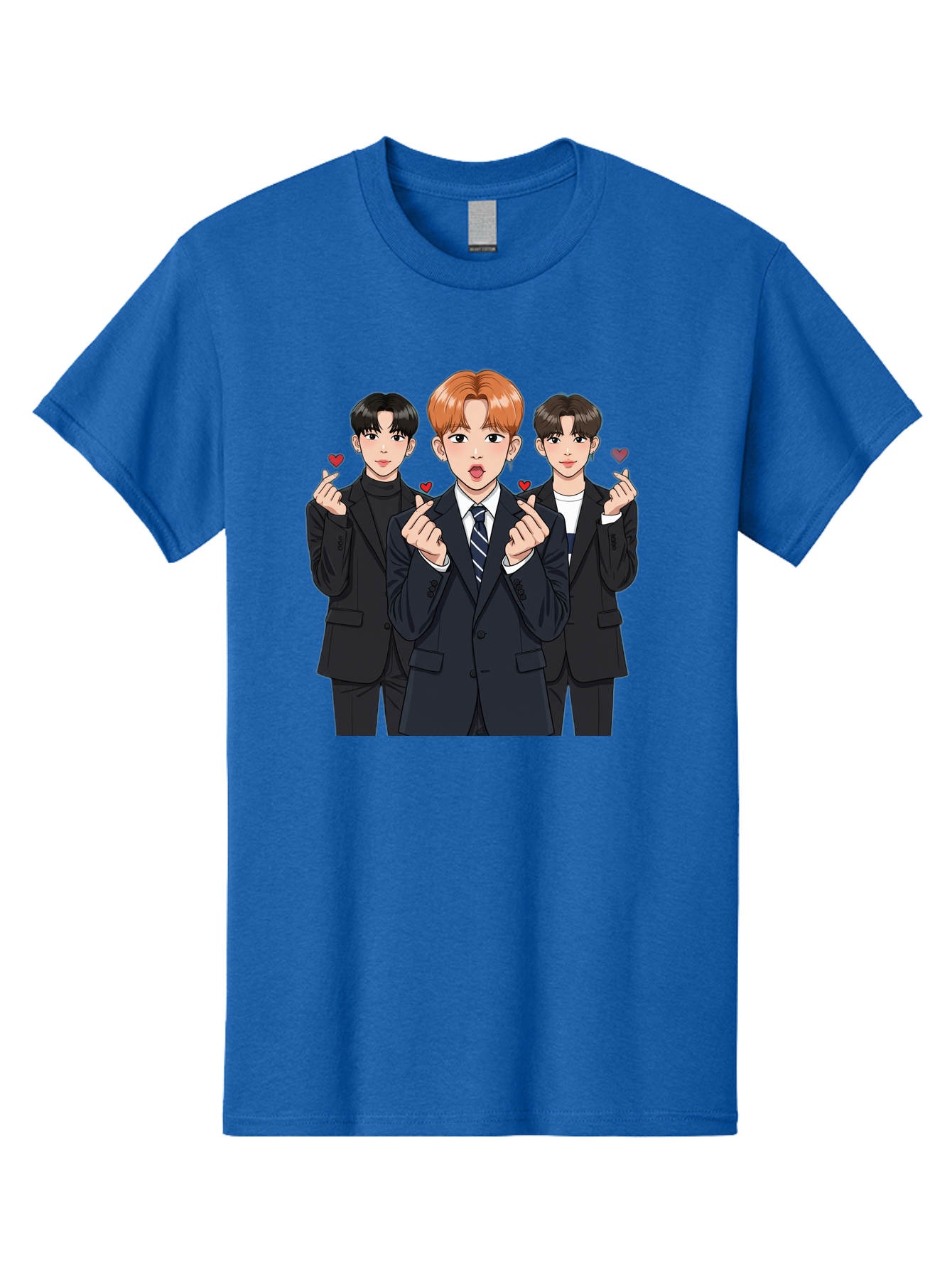 Three-Men-In-Suits-With-Hearts Men'S Graphic Tee, 100% Cotton, Comfortable Casual Summer Wear, Machine Washable, Young Men In Suits, Kpop Idols, Cartoon Style, Heart Gestures, Fashionable Clothing, Modern Boys, Stylish Outfits, Group Portrait, Bac518