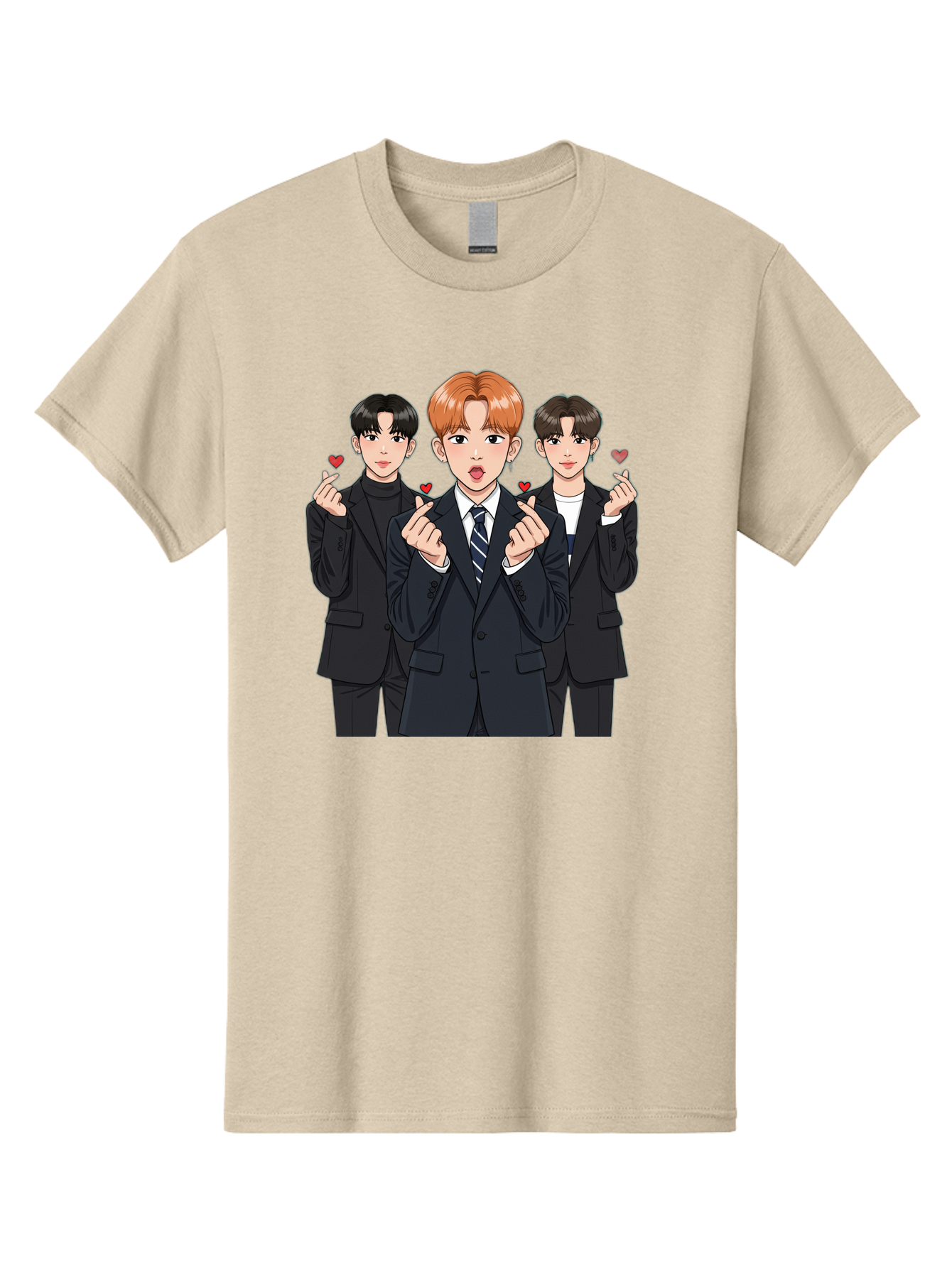 Three-Men-In-Suits-With-Hearts Men'S Graphic Tee, 100% Cotton, Comfortable Casual Summer Wear, Machine Washable, Young Men In Suits, Kpop Idols, Cartoon Style, Heart Gestures, Fashionable Clothing, Modern Boys, Stylish Outfits, Group Portrait, Bac518