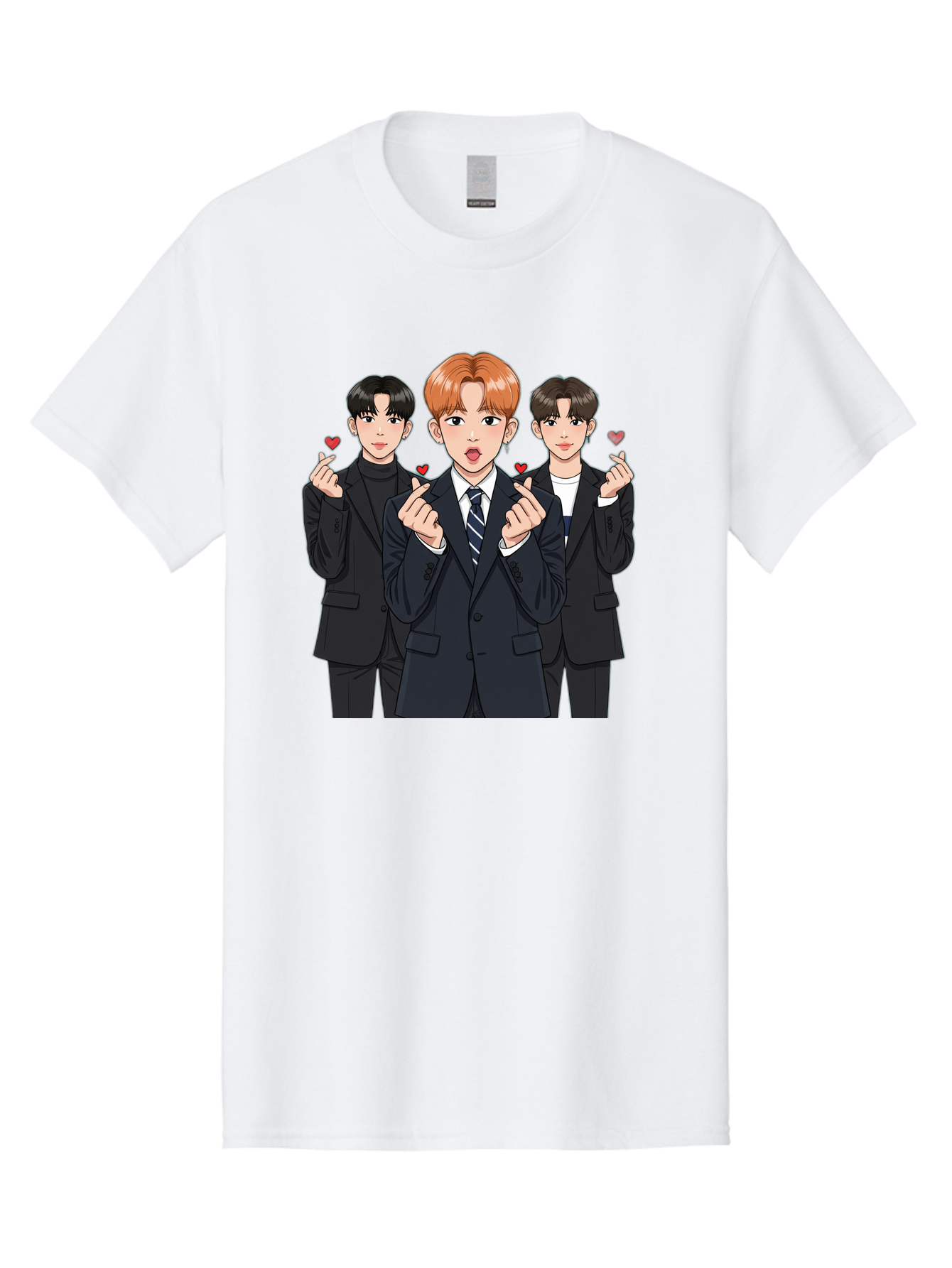 Three-Men-In-Suits-With-Hearts Men'S Graphic Tee, 100% Cotton, Comfortable Casual Summer Wear, Machine Washable, Young Men In Suits, Kpop Idols, Cartoon Style, Heart Gestures, Fashionable Clothing, Modern Boys, Stylish Outfits, Group Portrait, Bac518