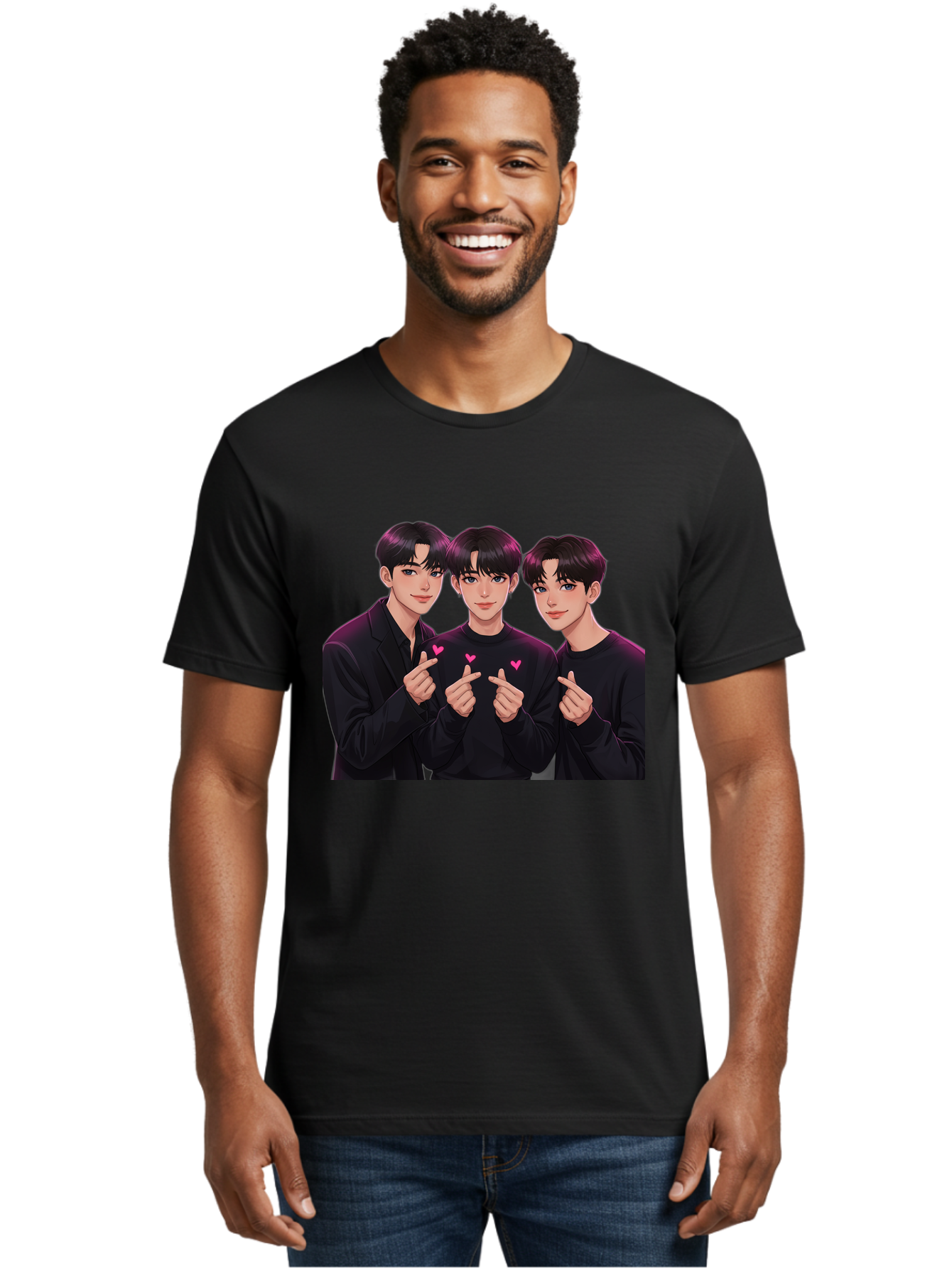 Three-Men-Pointing Men'S Graphic Tee, 100% Cotton, Comfortable Casual Summer Wear, Machine Washable, Young Men With Black Hair, Black Shirts, Pink Hearts, Finger Pointing, K-Pop Style, Group Portrait, Modern Fashion, Trendy Gesture, Bac519