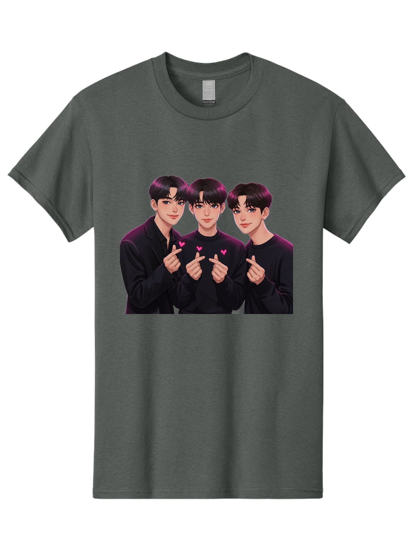 Three-Men-Pointing Men'S Graphic Tee, 100% Cotton, Comfortable Casual Summer Wear, Machine Washable, Young Men With Black Hair, Black Shirts, Pink Hearts, Finger Pointing, K-Pop Style, Group Portrait, Modern Fashion, Trendy Gesture, Bac519