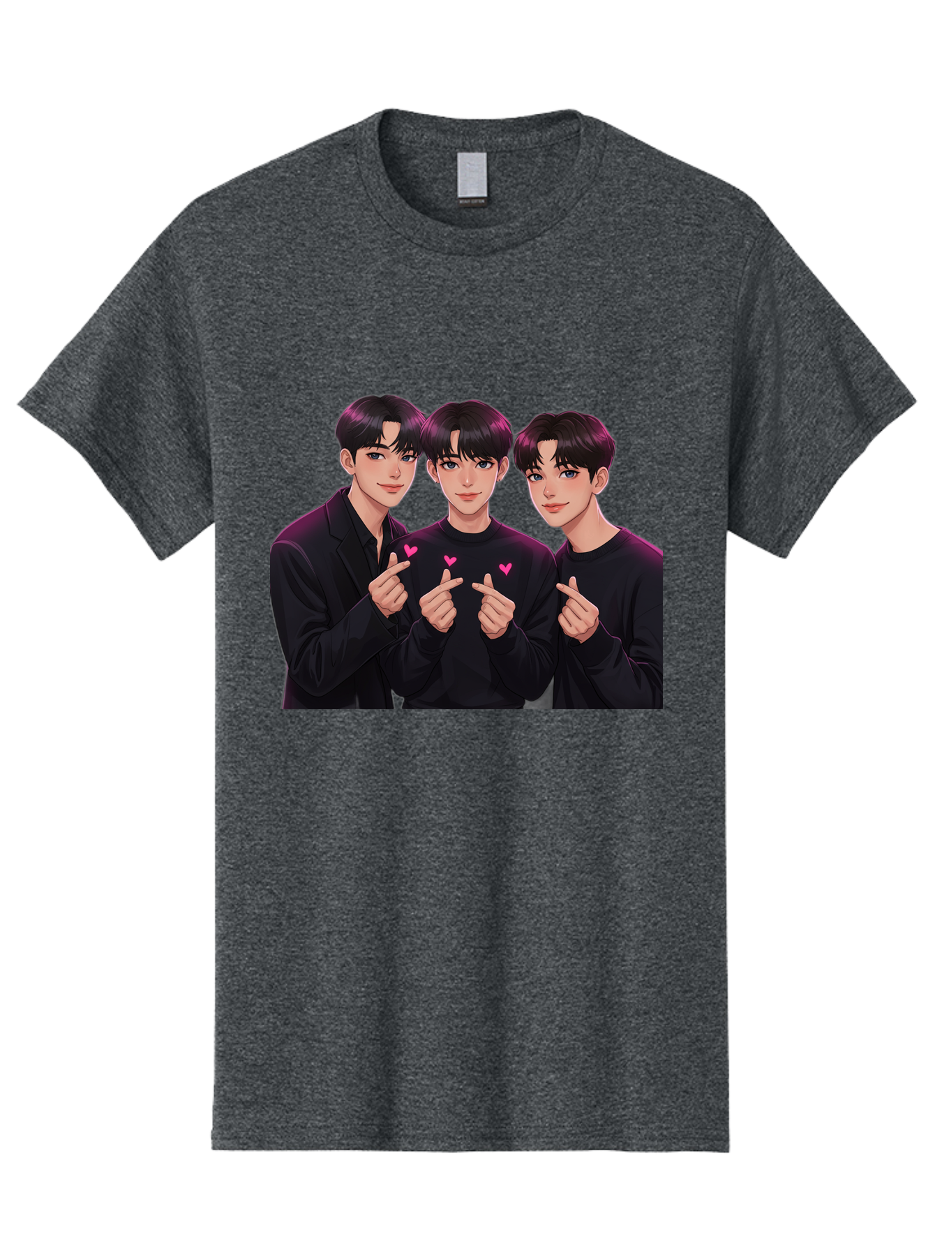 Three-Men-Pointing Men'S Graphic Tee, 100% Cotton, Comfortable Casual Summer Wear, Machine Washable, Young Men With Black Hair, Black Shirts, Pink Hearts, Finger Pointing, K-Pop Style, Group Portrait, Modern Fashion, Trendy Gesture, Bac519