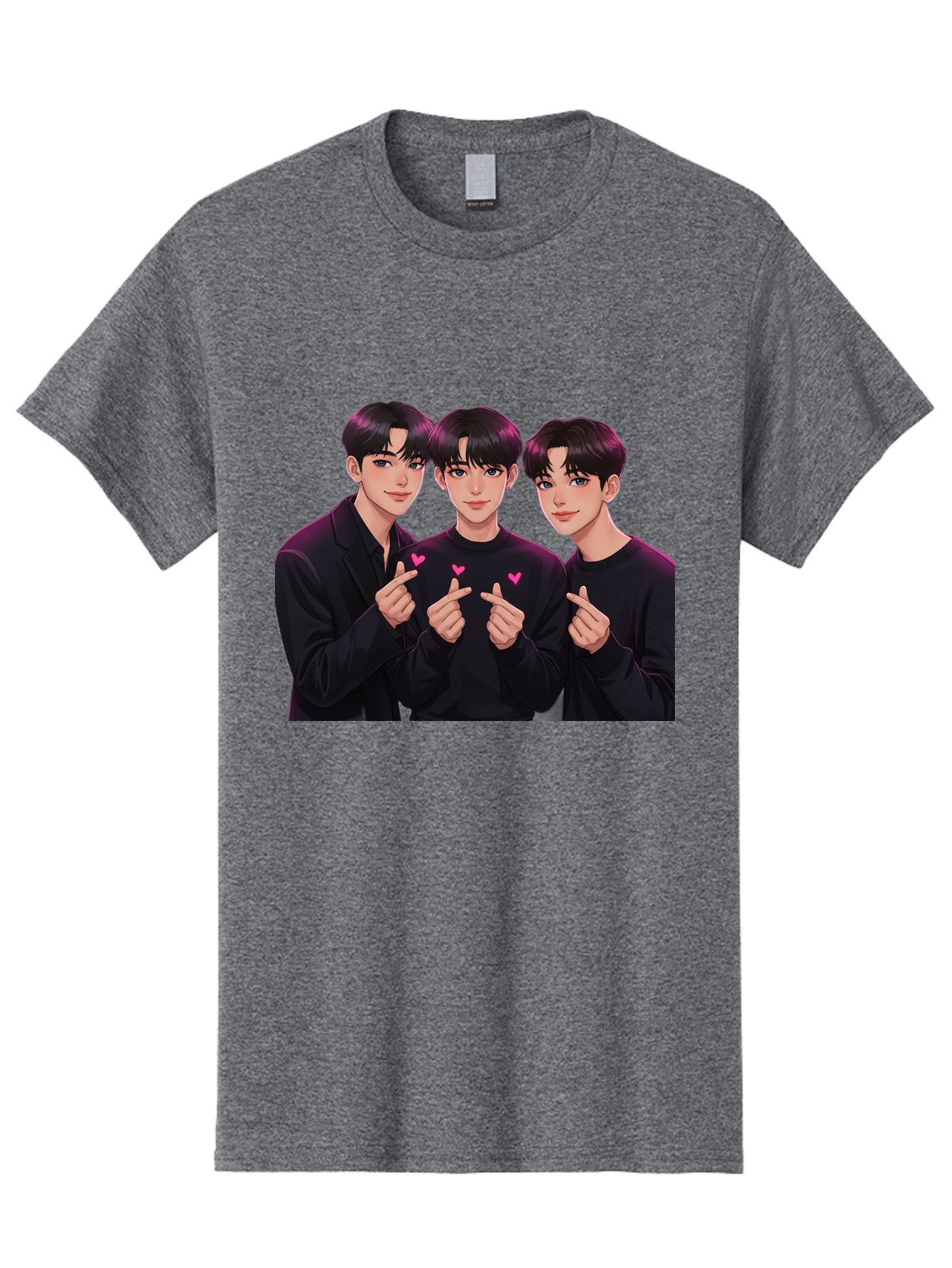Three-Men-Pointing Men'S Graphic Tee, 100% Cotton, Comfortable Casual Summer Wear, Machine Washable, Young Men With Black Hair, Black Shirts, Pink Hearts, Finger Pointing, K-Pop Style, Group Portrait, Modern Fashion, Trendy Gesture, Bac519