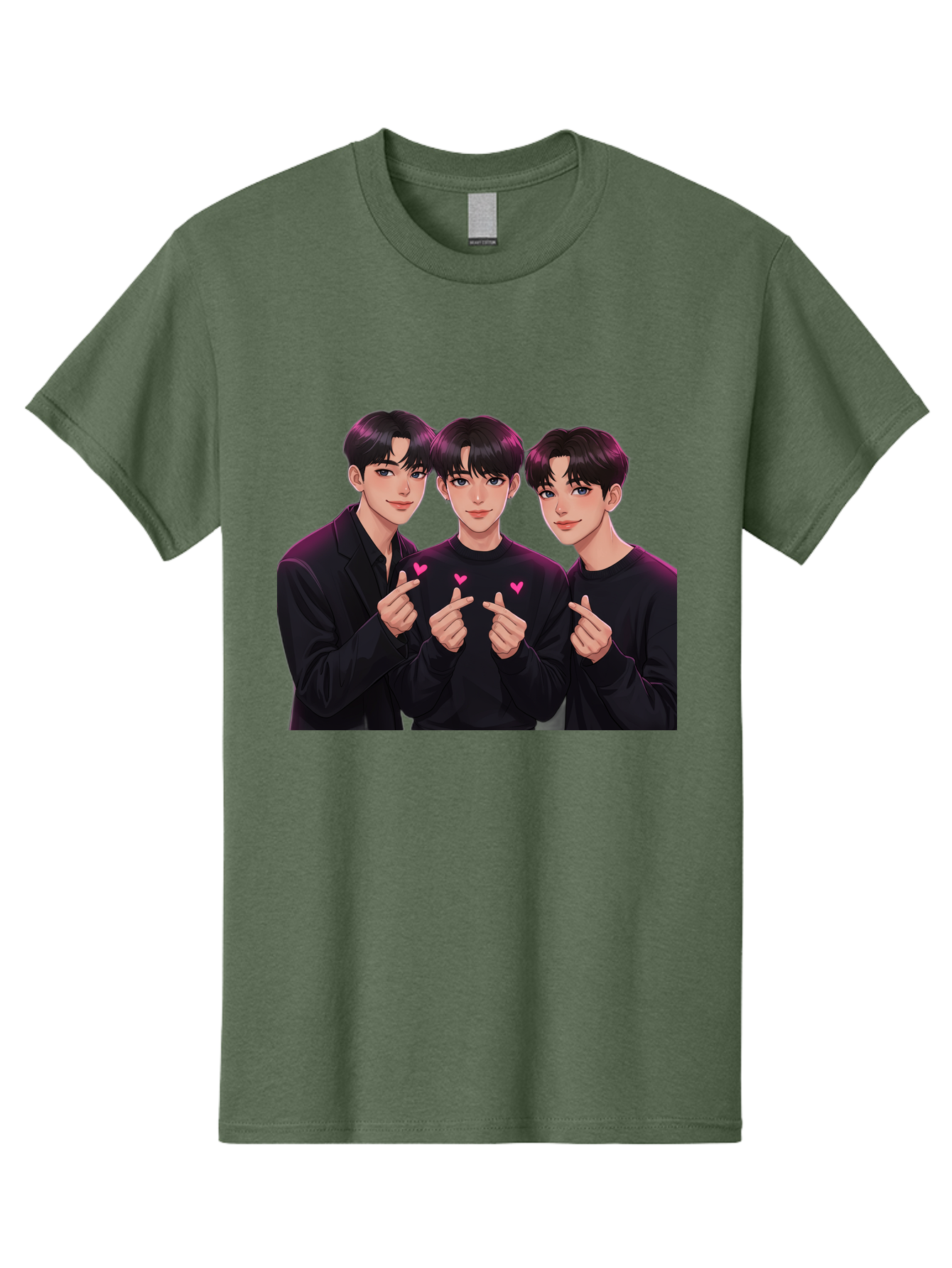 Three-Men-Pointing Men'S Graphic Tee, 100% Cotton, Comfortable Casual Summer Wear, Machine Washable, Young Men With Black Hair, Black Shirts, Pink Hearts, Finger Pointing, K-Pop Style, Group Portrait, Modern Fashion, Trendy Gesture, Bac519