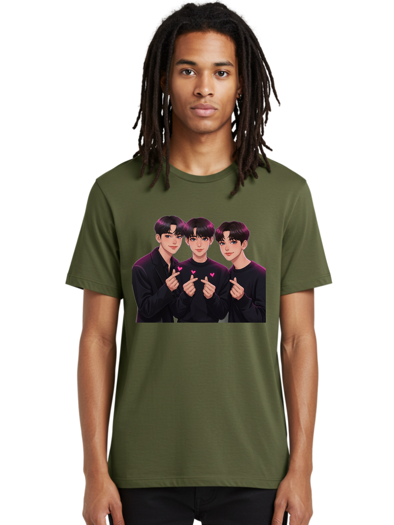 Three-Men-Pointing Men'S Graphic Tee, 100% Cotton, Comfortable Casual Summer Wear, Machine Washable, Young Men With Black Hair, Black Shirts, Pink Hearts, Finger Pointing, K-Pop Style, Group Portrait, Modern Fashion, Trendy Gesture, Bac519