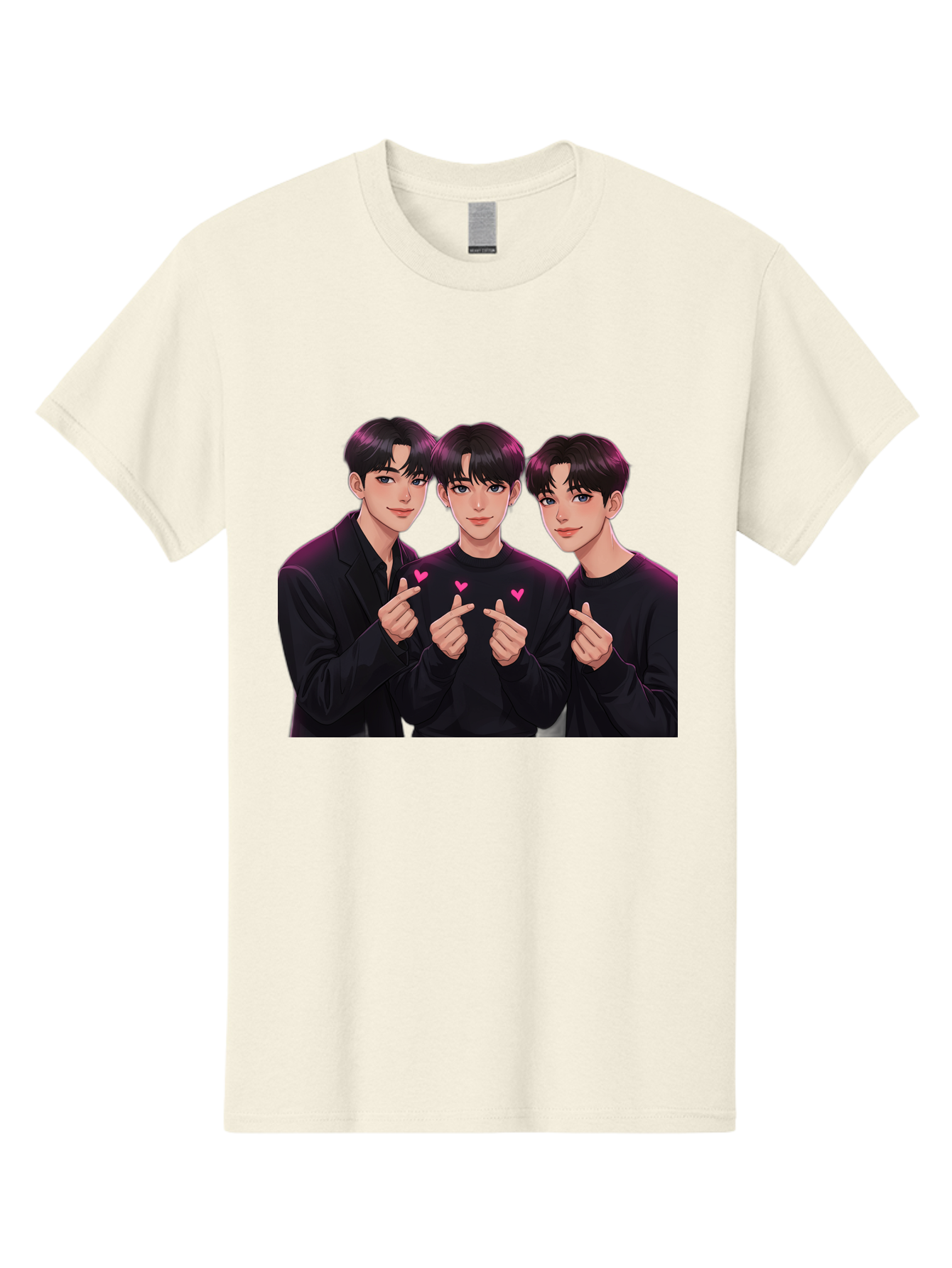 Three-Men-Pointing Men'S Graphic Tee, 100% Cotton, Comfortable Casual Summer Wear, Machine Washable, Young Men With Black Hair, Black Shirts, Pink Hearts, Finger Pointing, K-Pop Style, Group Portrait, Modern Fashion, Trendy Gesture, Bac519