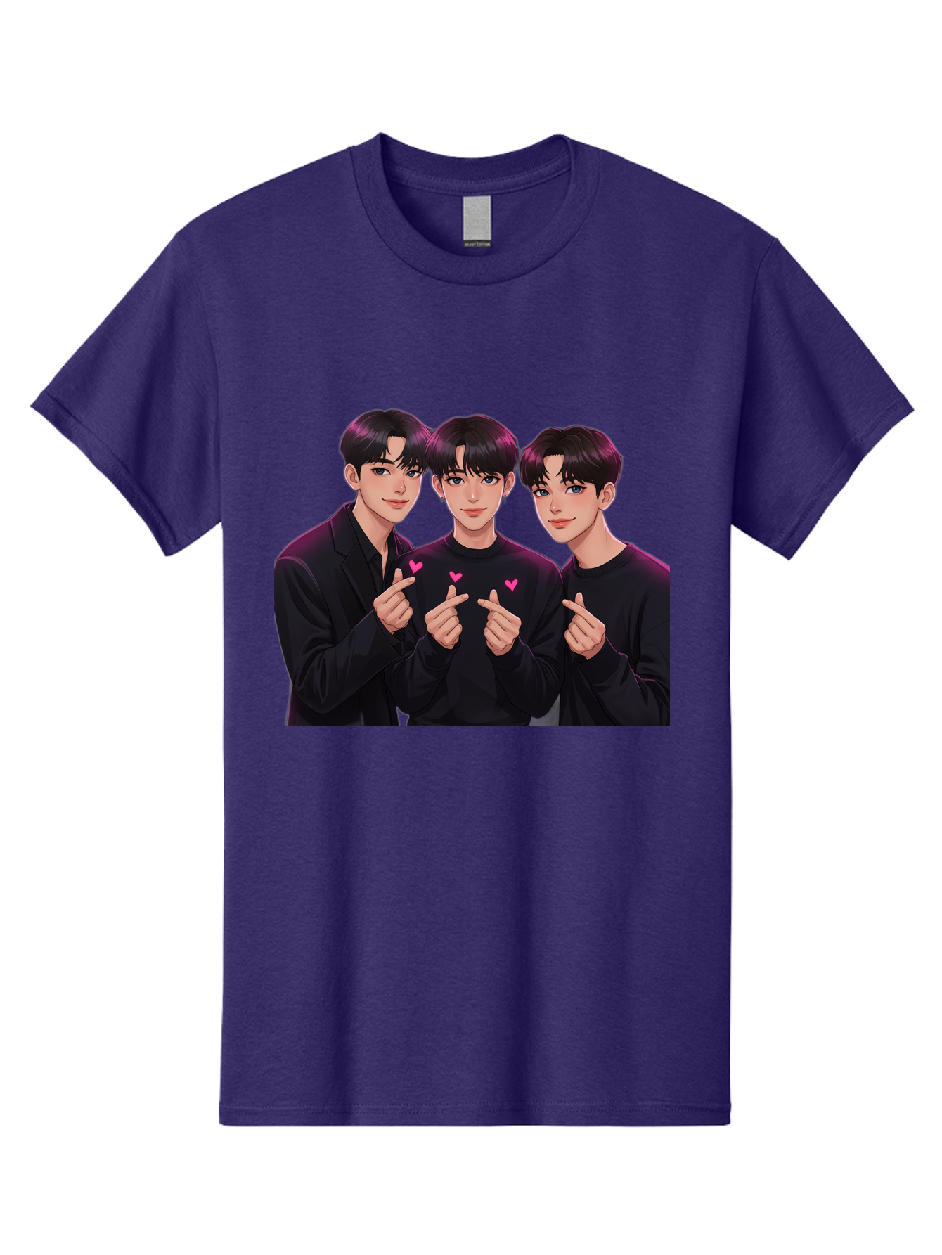 Three-Men-Pointing Men'S Graphic Tee, 100% Cotton, Comfortable Casual Summer Wear, Machine Washable, Young Men With Black Hair, Black Shirts, Pink Hearts, Finger Pointing, K-Pop Style, Group Portrait, Modern Fashion, Trendy Gesture, Bac519