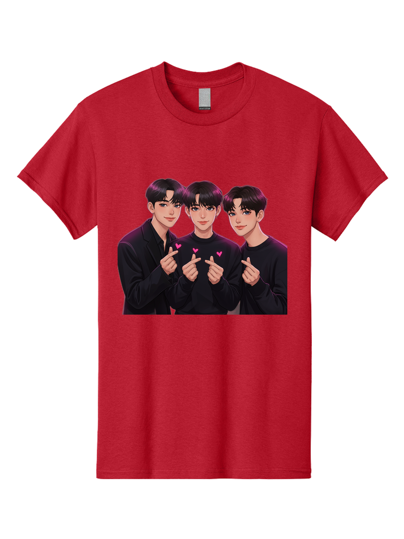 Three-Men-Pointing Men'S Graphic Tee, 100% Cotton, Comfortable Casual Summer Wear, Machine Washable, Young Men With Black Hair, Black Shirts, Pink Hearts, Finger Pointing, K-Pop Style, Group Portrait, Modern Fashion, Trendy Gesture, Bac519