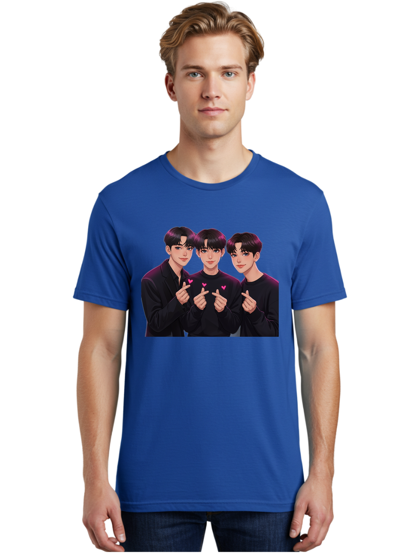 Three-Men-Pointing Men'S Graphic Tee, 100% Cotton, Comfortable Casual Summer Wear, Machine Washable, Young Men With Black Hair, Black Shirts, Pink Hearts, Finger Pointing, K-Pop Style, Group Portrait, Modern Fashion, Trendy Gesture, Bac519
