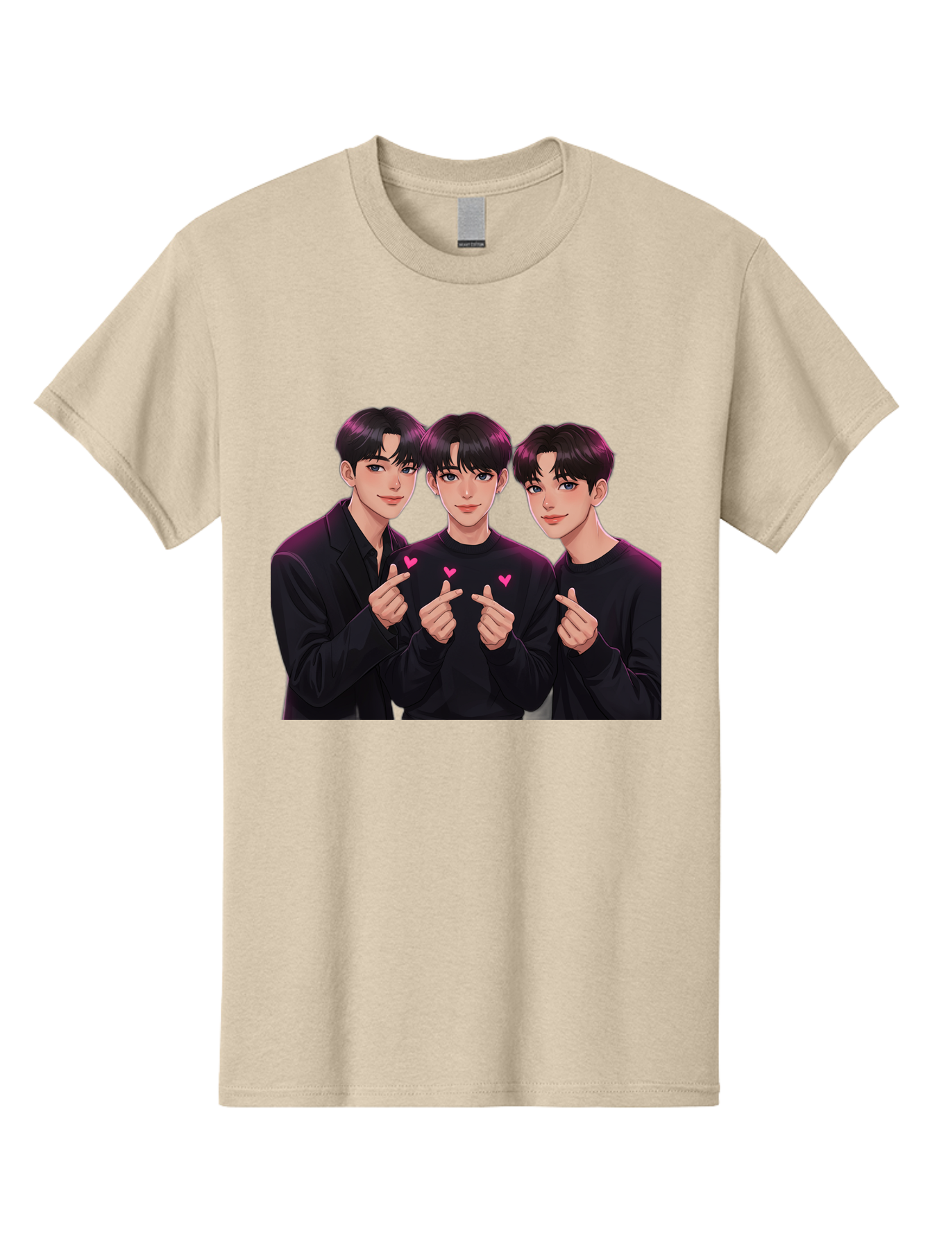 Three-Men-Pointing Men'S Graphic Tee, 100% Cotton, Comfortable Casual Summer Wear, Machine Washable, Young Men With Black Hair, Black Shirts, Pink Hearts, Finger Pointing, K-Pop Style, Group Portrait, Modern Fashion, Trendy Gesture, Bac519